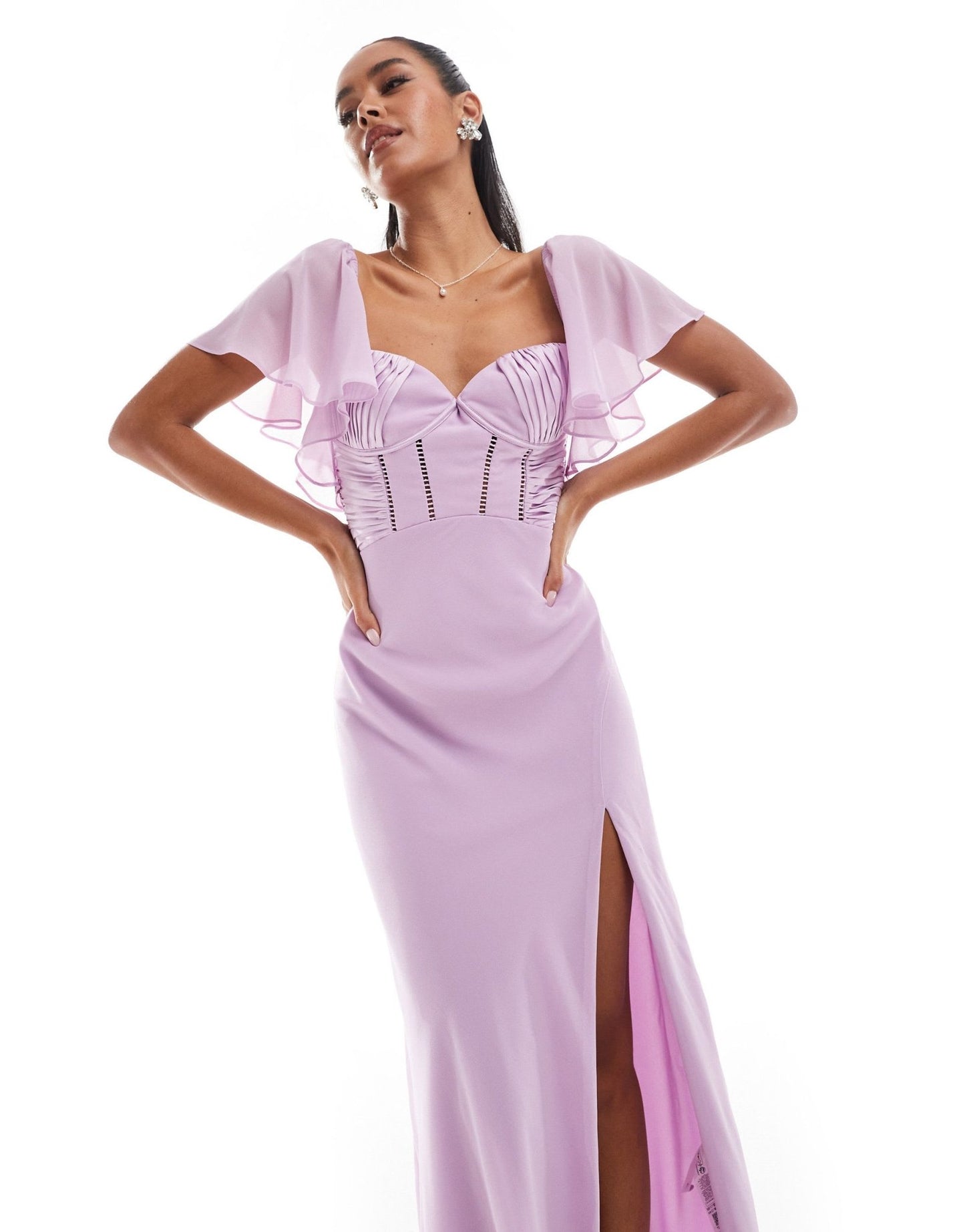 ASOS DESIGN satin corset detail chiffon bias maxi dress with flutter sleeve in lilac - ASOS Sample Sale EU Store