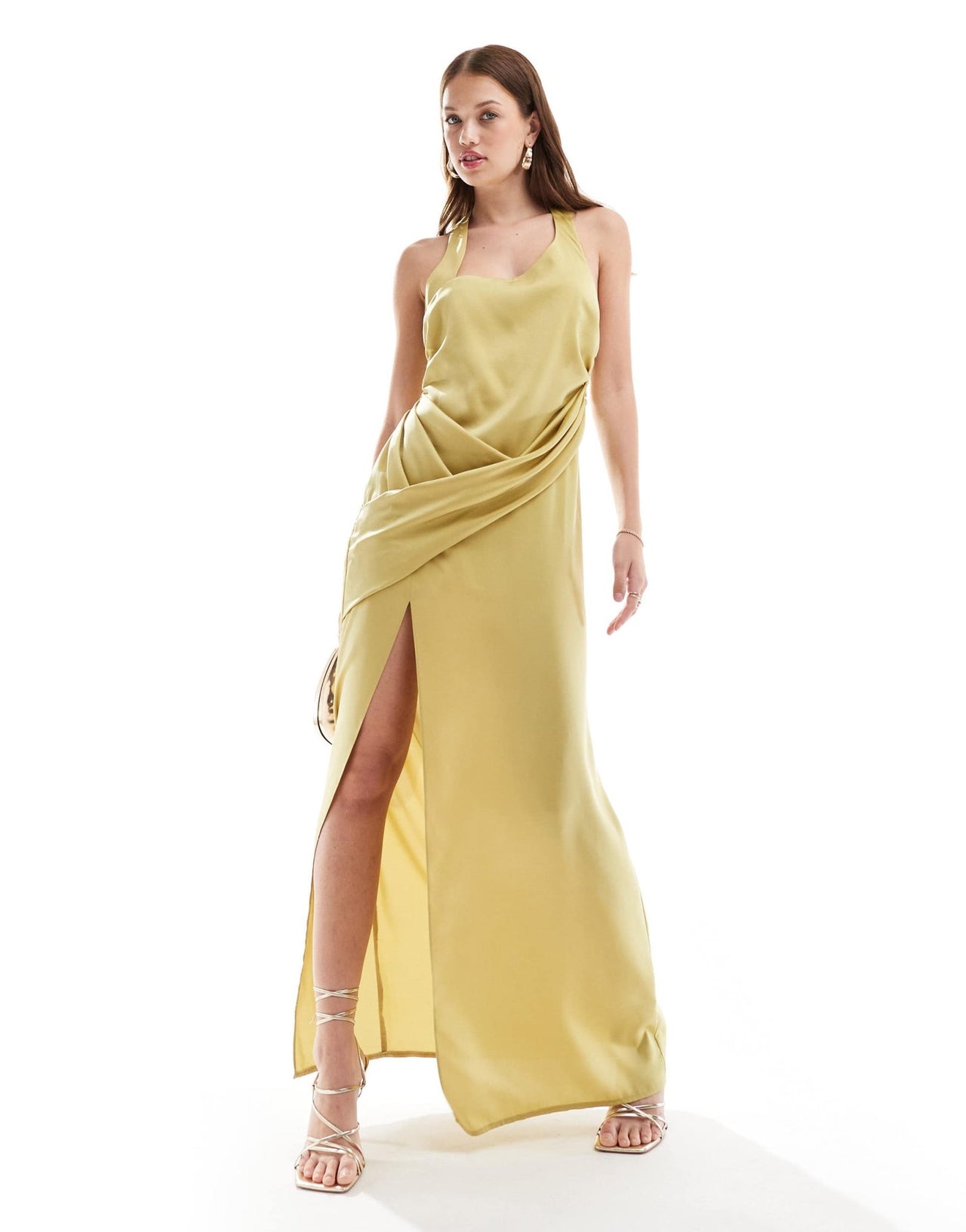 ASOS DESIGN satin halter crossover skirt maxi dress in light olive - ASOS Sample Sale EU Store