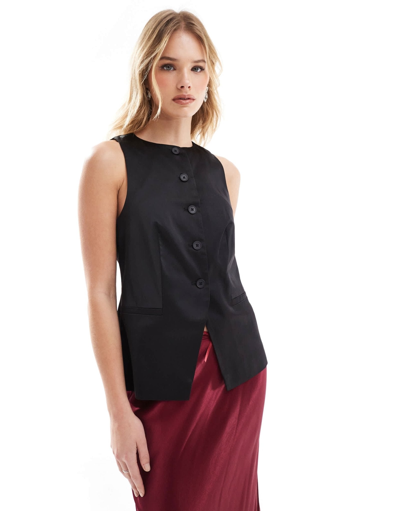 ASOS DESIGN satin high neck waistcoat in black - ASOS Sample Sale EU Store