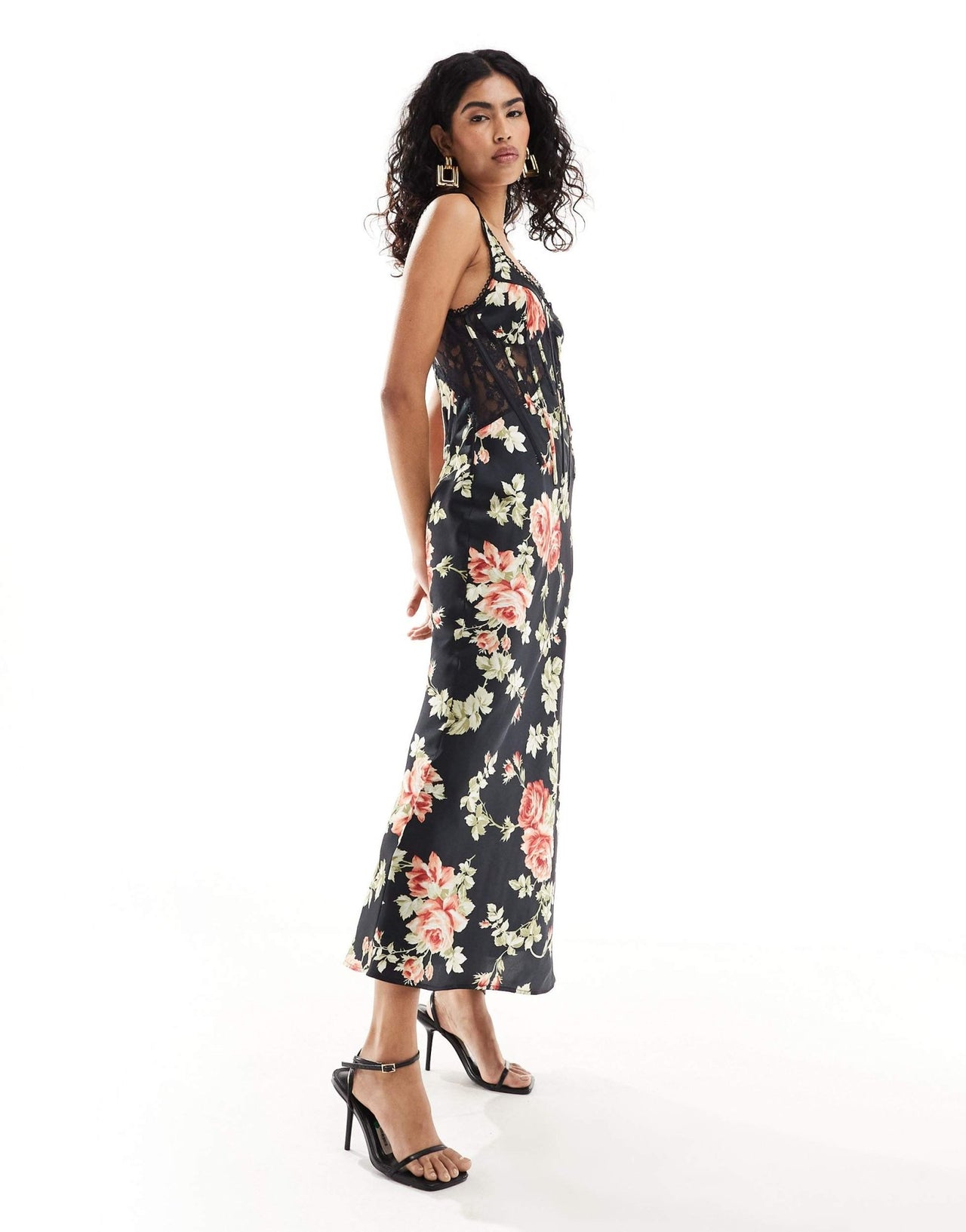 ASOS DESIGN satin lace mix boned corset midi dress in black floral print - ASOS Sample Sale EU Store