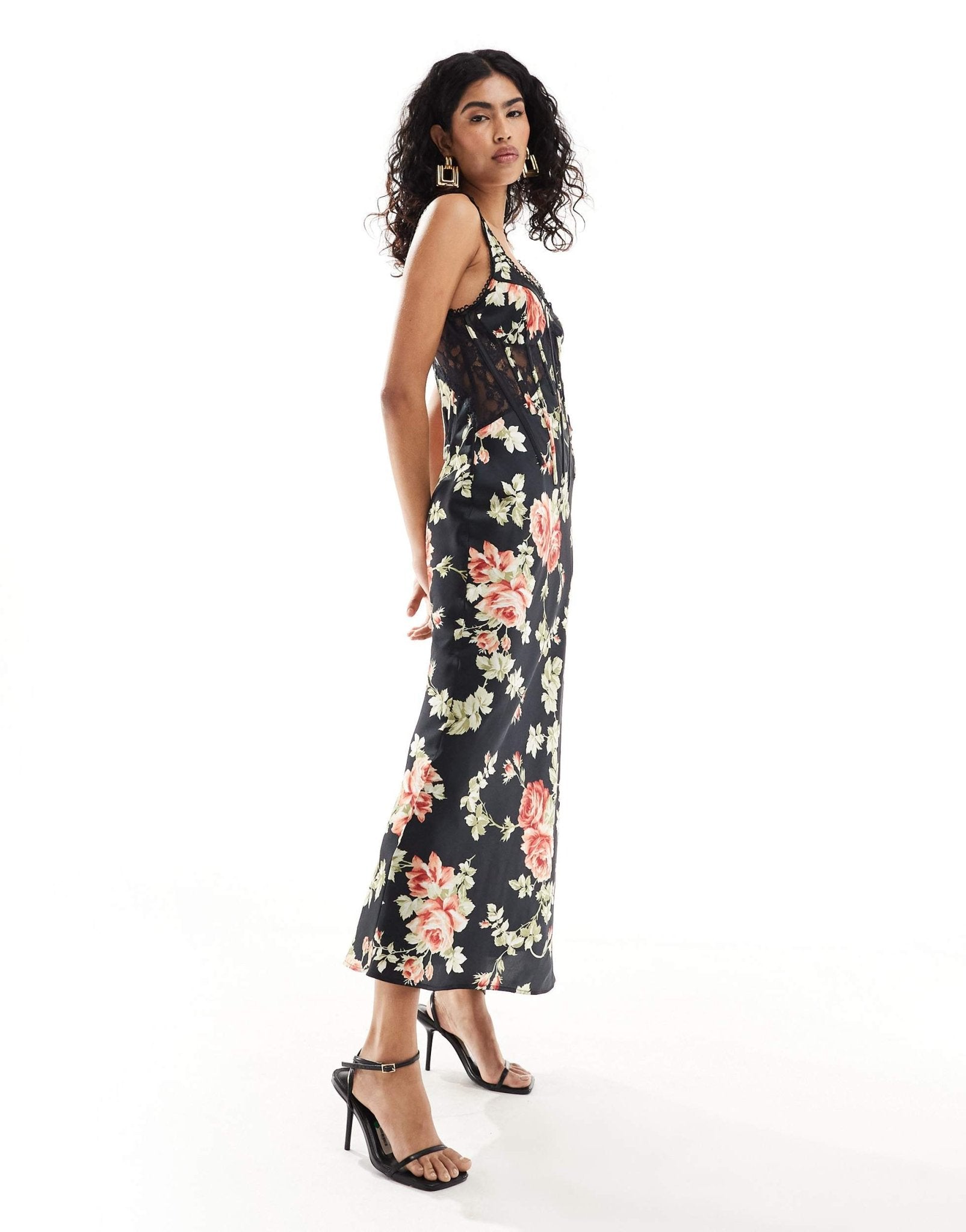 ASOS DESIGN satin lace mix boned corset midi dress in black floral print - ASOS Sample Sale EU Store