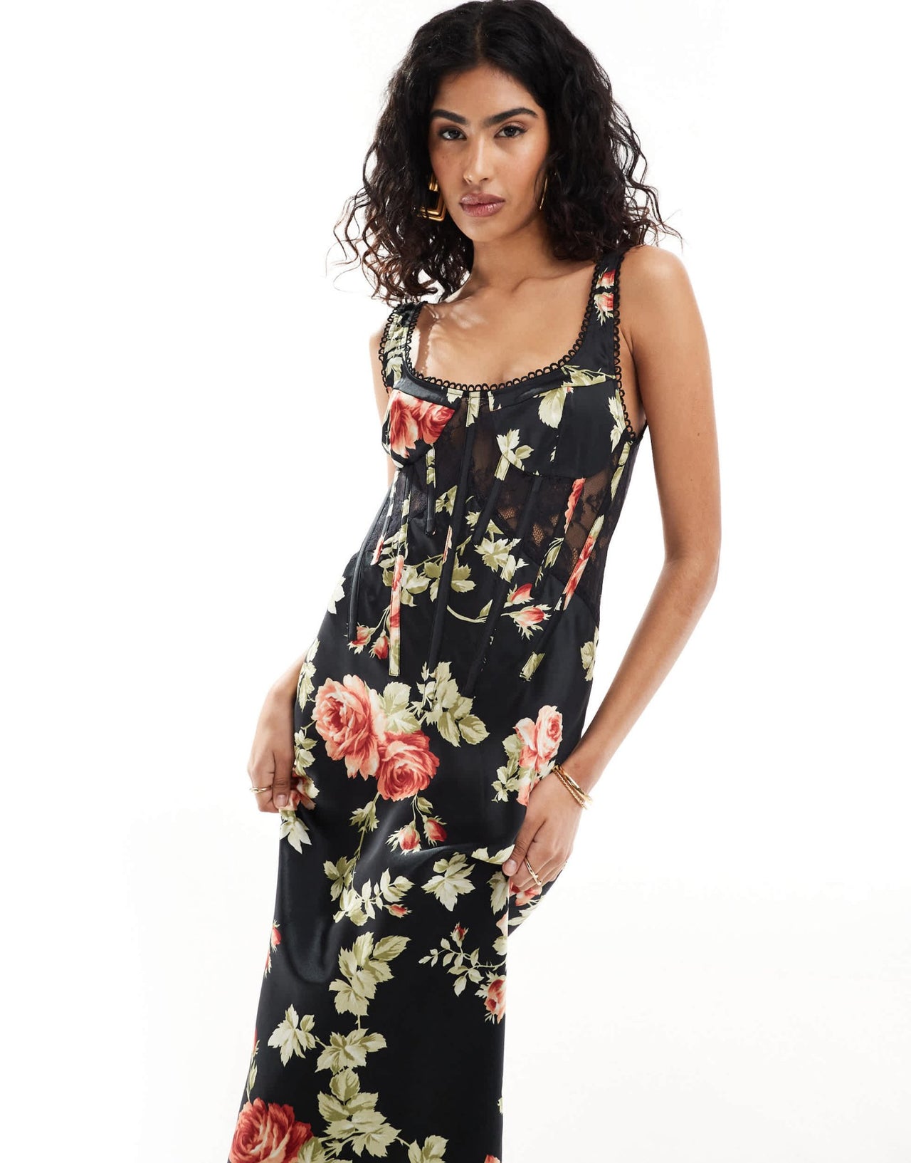 ASOS DESIGN satin lace mix boned corset midi dress in black floral print - ASOS Sample Sale EU Store