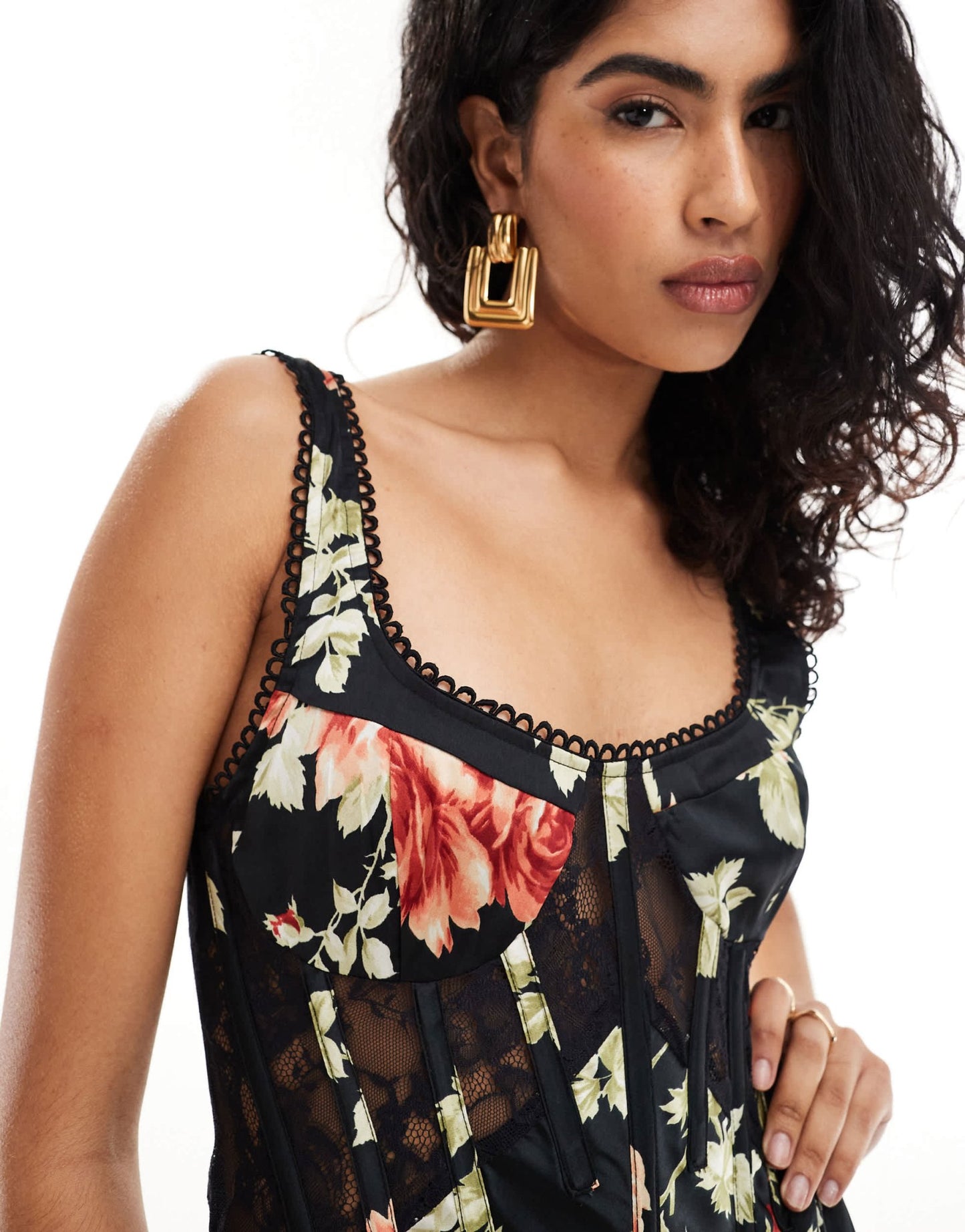 ASOS DESIGN satin lace mix boned corset midi dress in black floral print - ASOS Sample Sale EU Store
