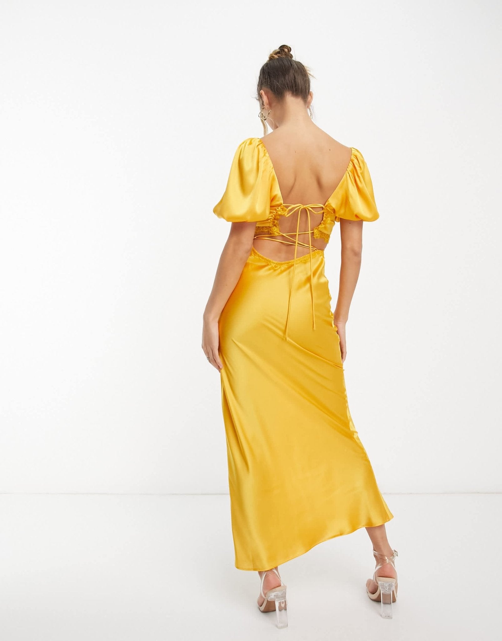 ASOS DESIGN satin milkmaid lace trim midaxi dress with strappy back in gold - ASOS Sample Sale EU Store