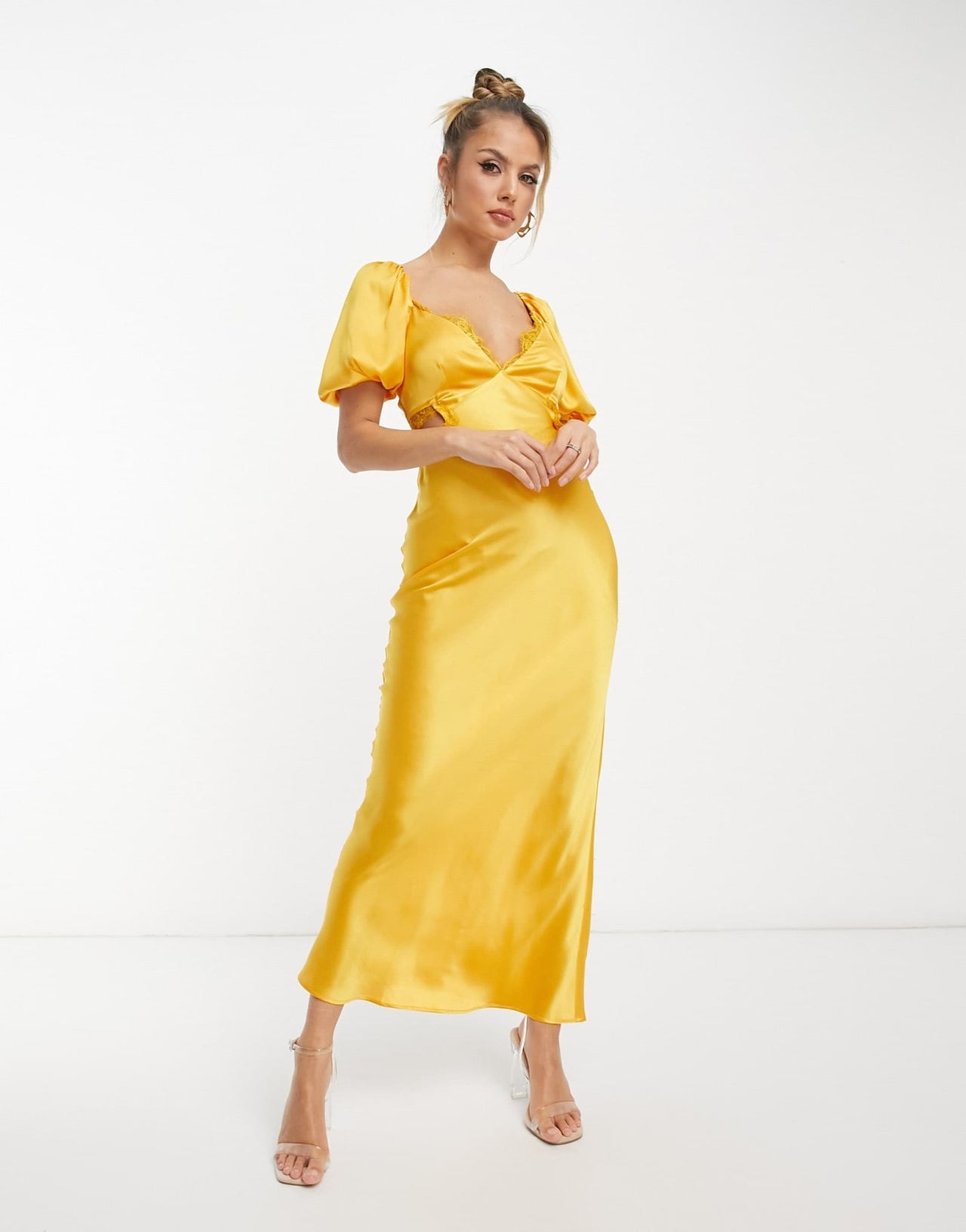 ASOS DESIGN satin milkmaid lace trim midaxi dress with strappy back in gold - ASOS Sample Sale EU Store