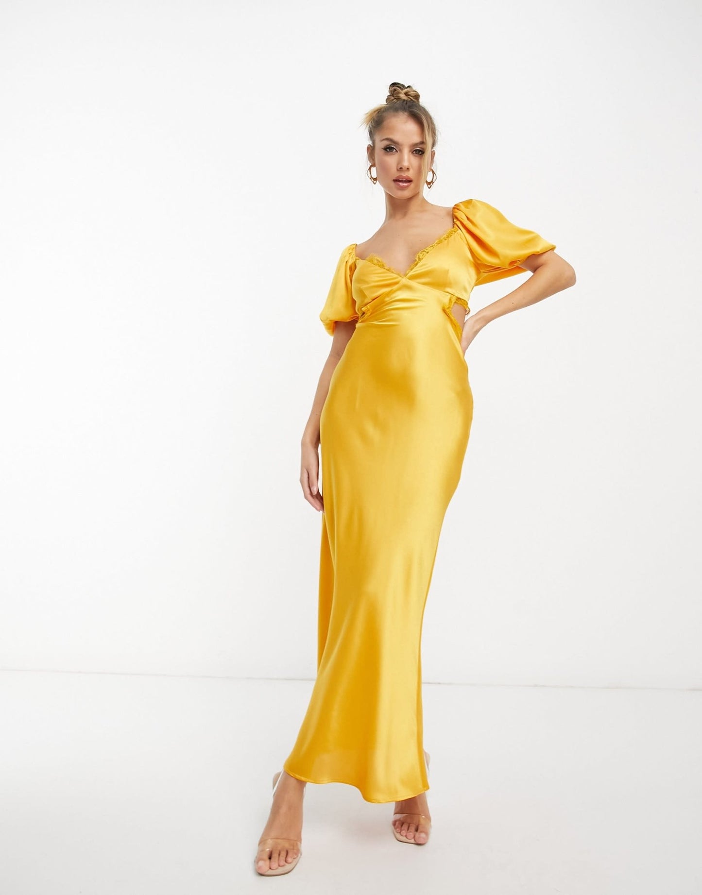 ASOS DESIGN satin milkmaid lace trim midaxi dress with strappy back in gold - ASOS Sample Sale EU Store