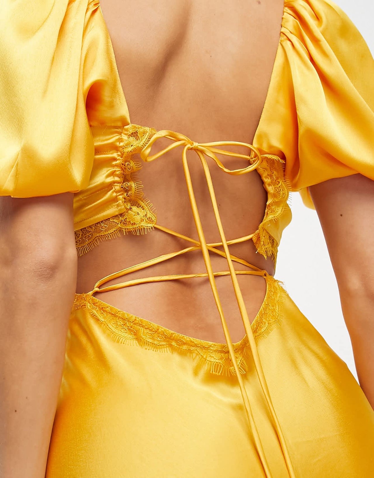 ASOS DESIGN satin milkmaid lace trim midaxi dress with strappy back in gold - ASOS Sample Sale EU Store