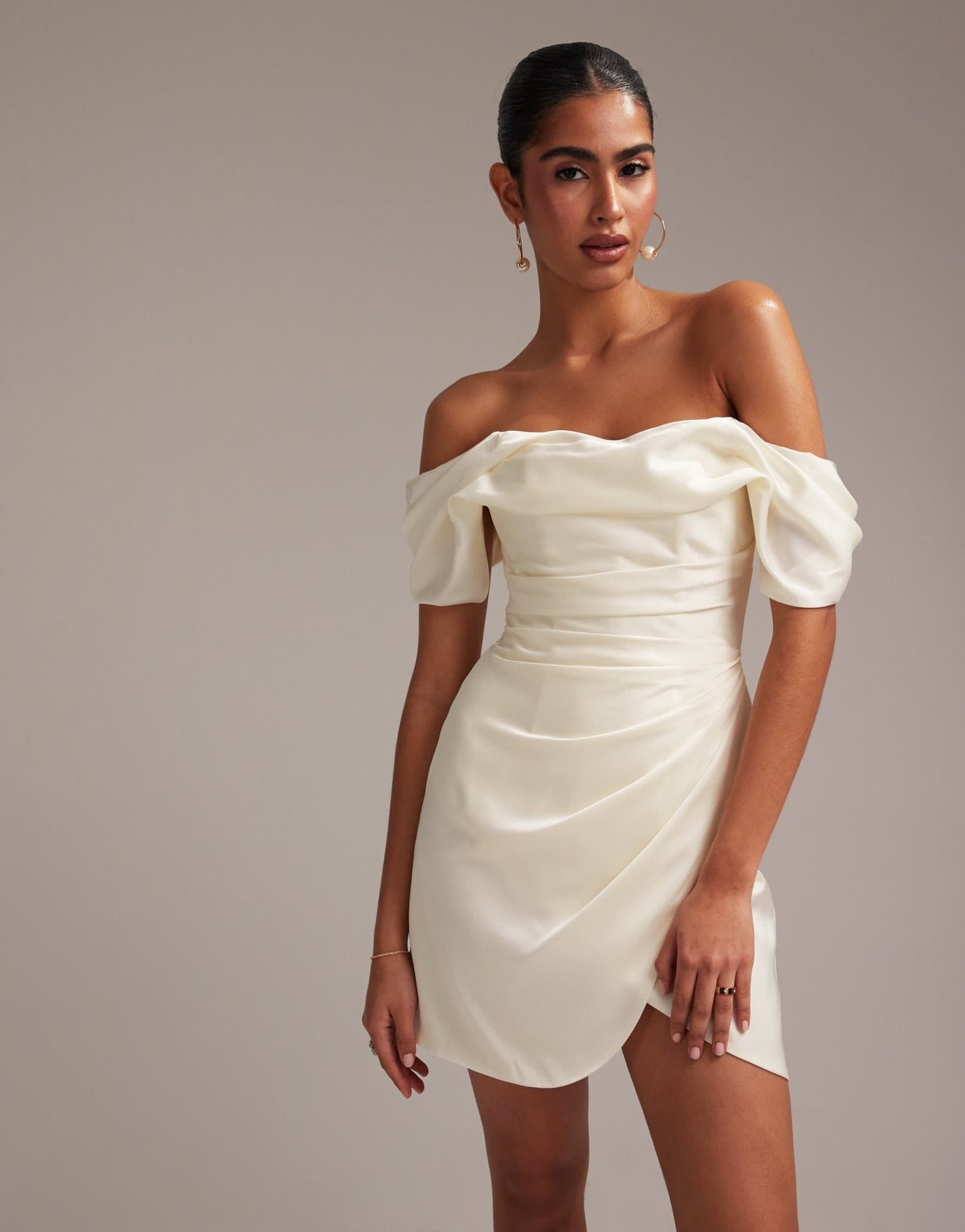 ASOS DESIGN satin off shoulder mini dress in ivory - ASOS Sample Sale EU Store