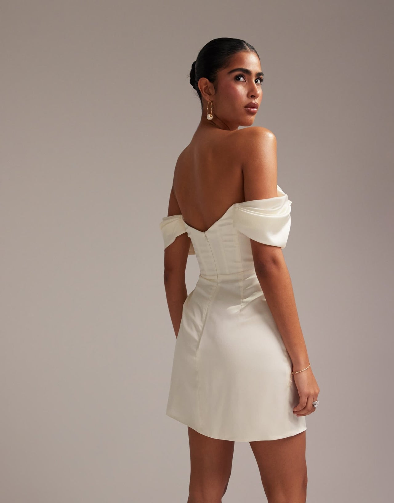 ASOS DESIGN satin off shoulder mini dress in ivory - ASOS Sample Sale EU Store