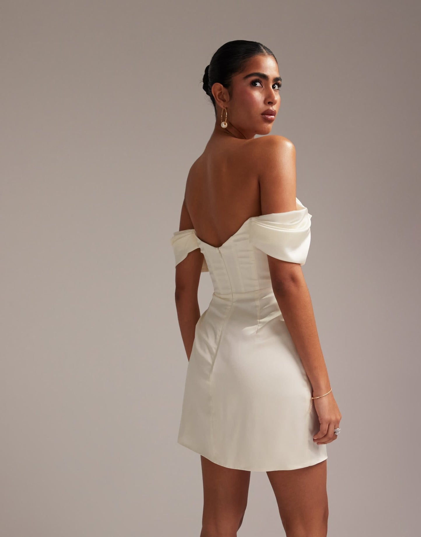 ASOS DESIGN satin off shoulder mini dress in ivory - ASOS Sample Sale EU Store