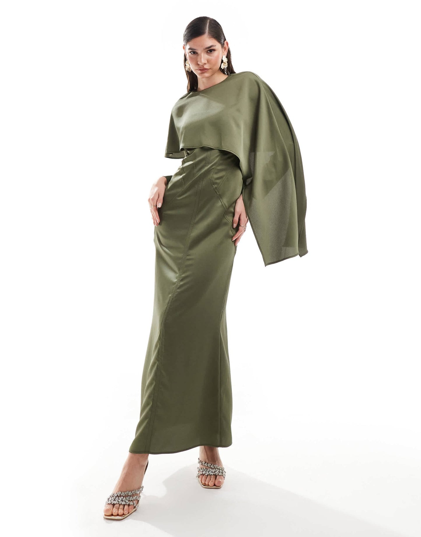 ASOS DESIGN satin overlay maxi dress with stitch detail in khaki - ASOS Sample Sale EU Store