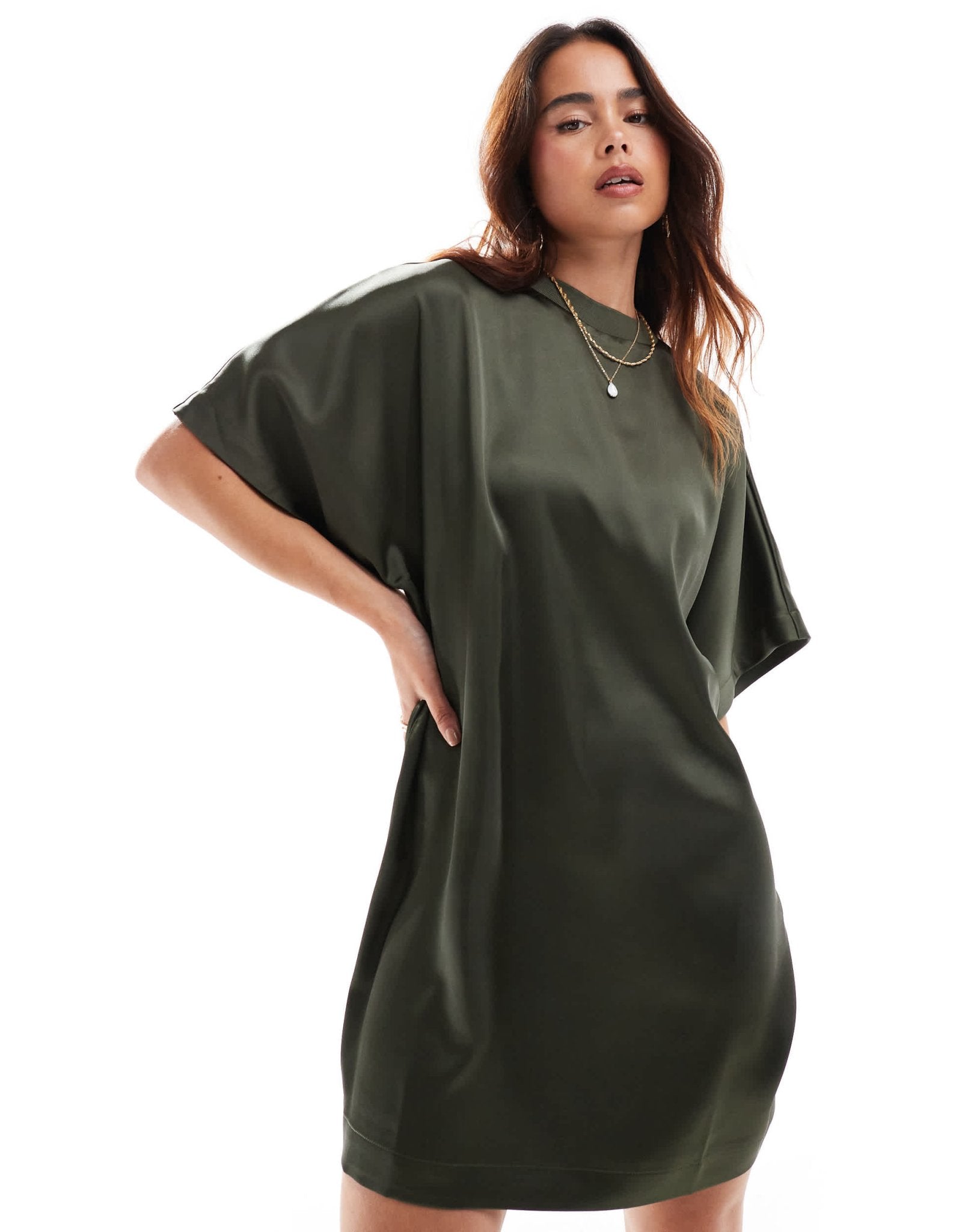 ASOS DESIGN satin oversized mini tshirt dress in khaki - ASOS Sample Sale EU Store