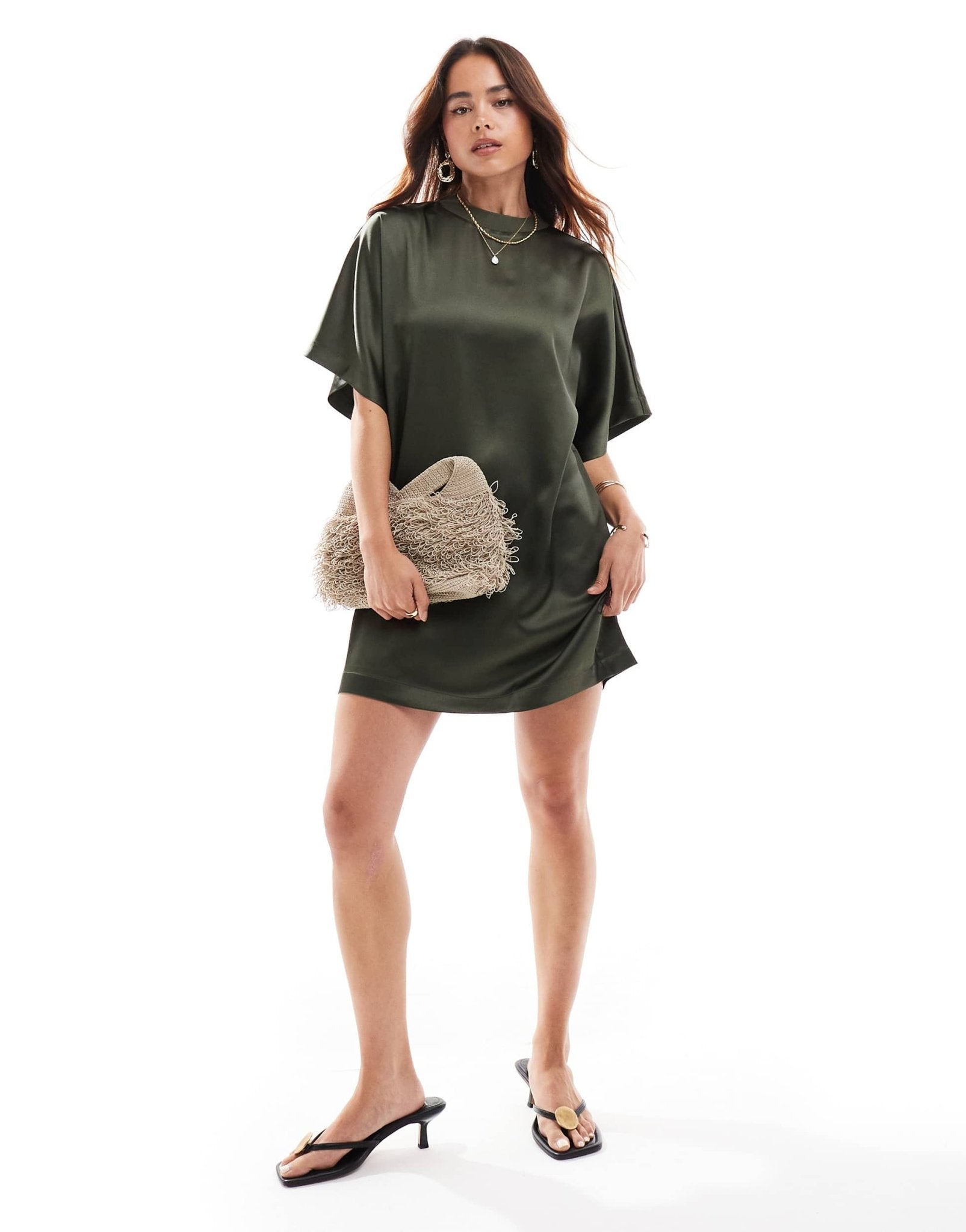 ASOS DESIGN satin oversized mini tshirt dress in khaki - ASOS Sample Sale EU Store