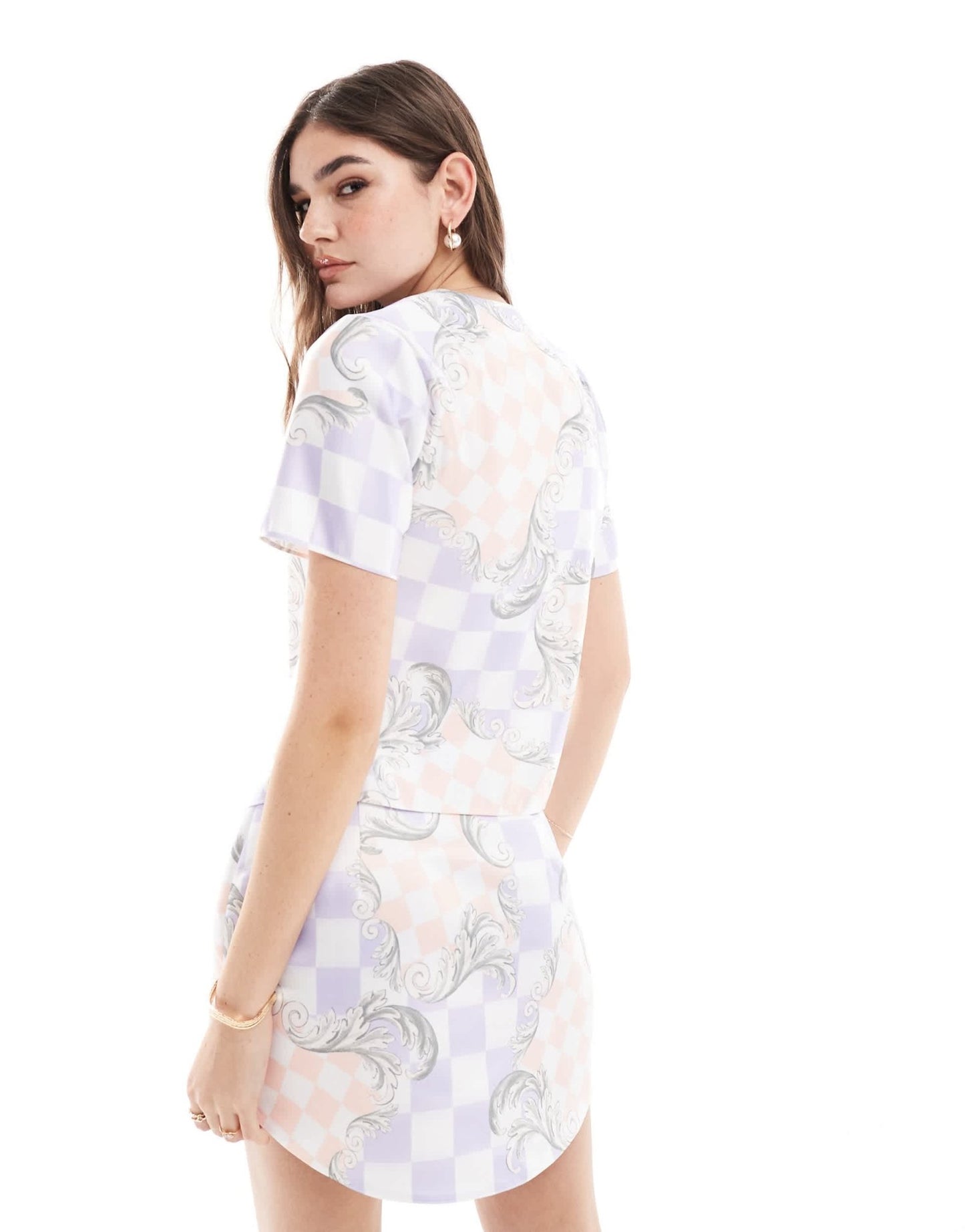 ASOS DESIGN satin shirt co - ord in purple grid print - ASOS Sample Sale EU Store
