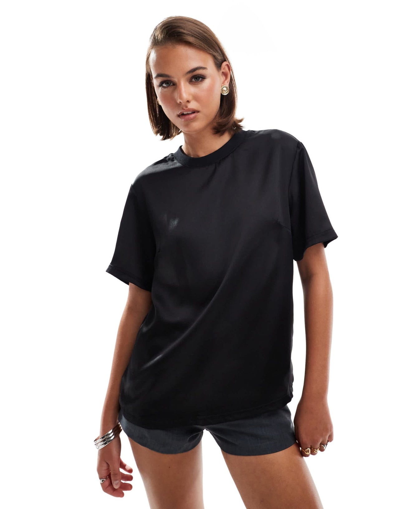 ASOS DESIGN satin t shirt with ribbed neckline in black - ASOS Sample Sale EU Store
