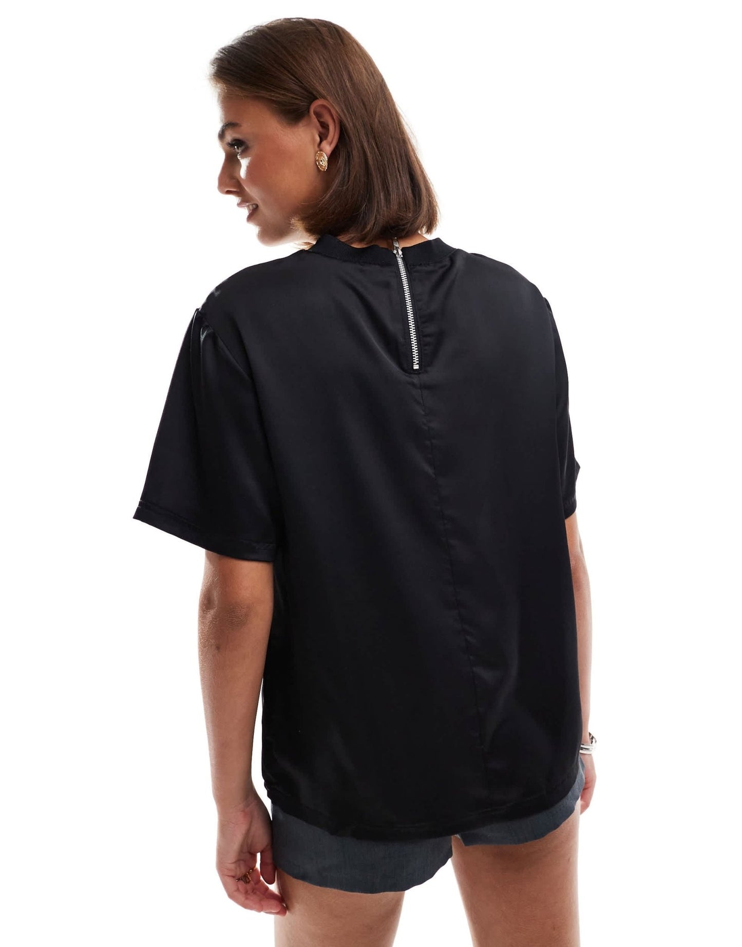 ASOS DESIGN satin t shirt with ribbed neckline in black - ASOS Sample Sale EU Store