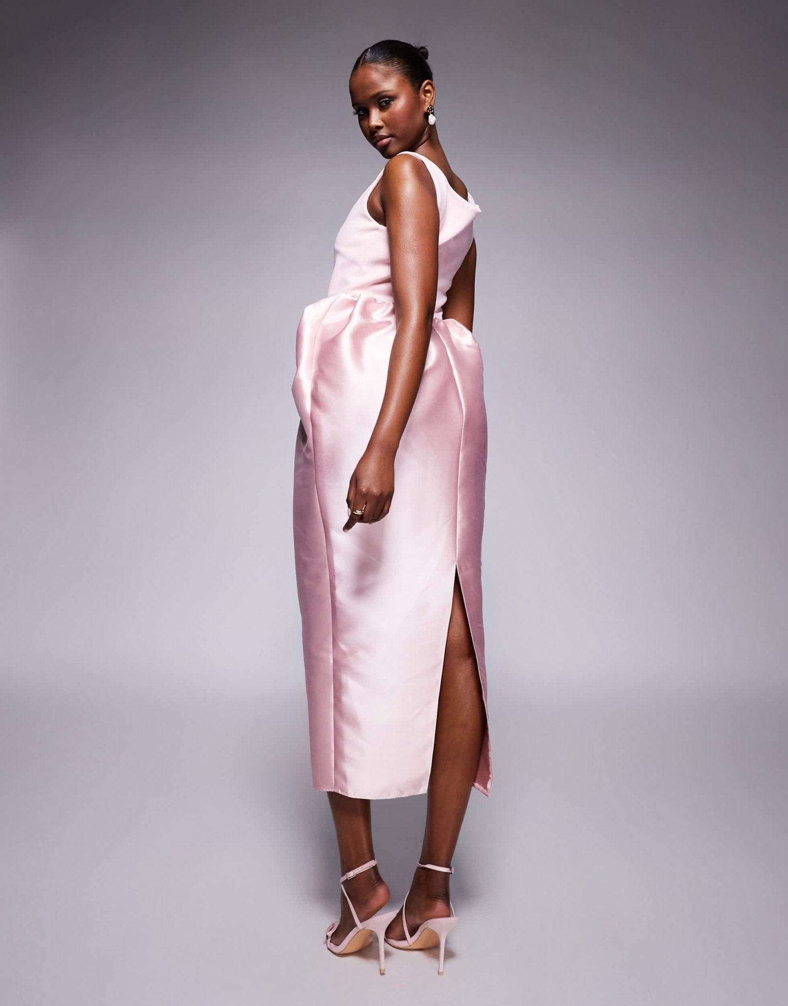 ASOS DESIGN scoop neck midi dress with manipulated puff skirt in pale pink in scuba - style fabric - ASOS Sample Sale EU Store