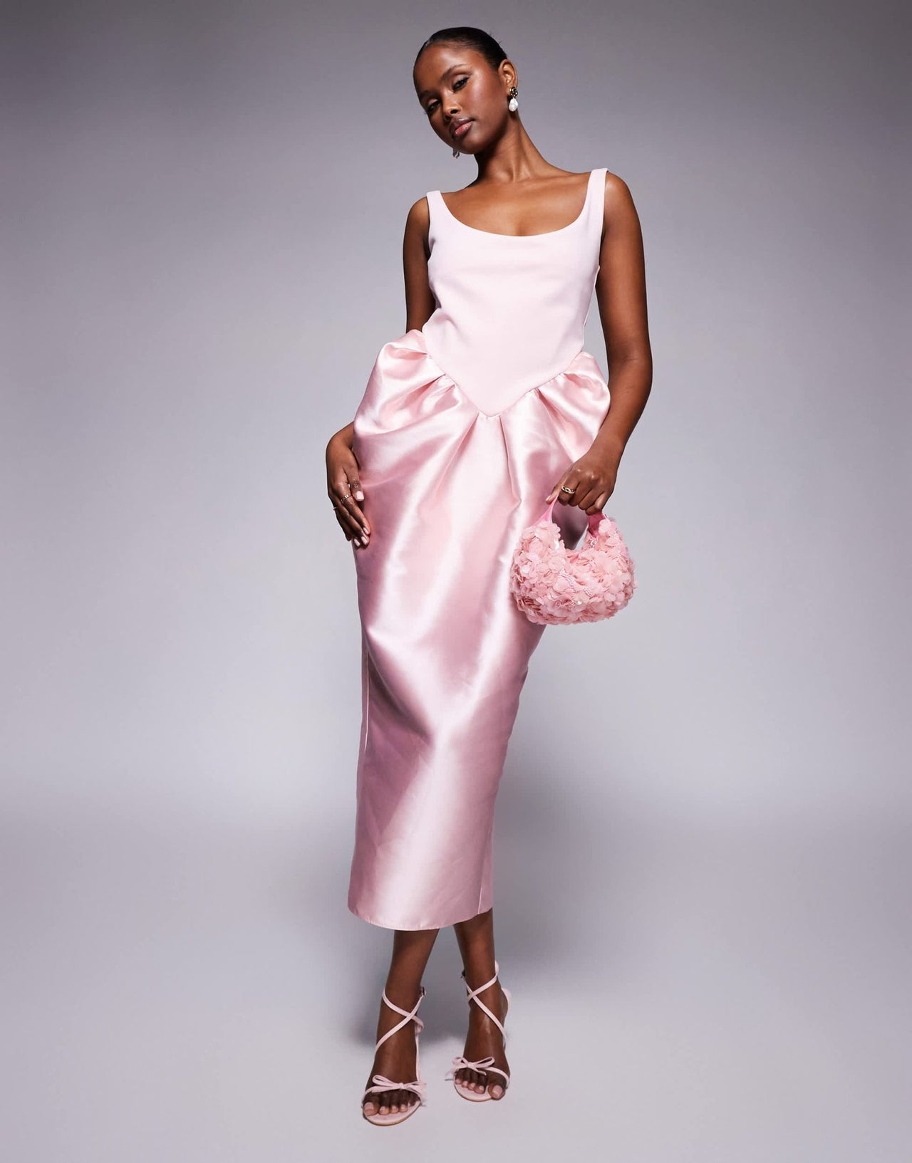 ASOS DESIGN scoop neck midi dress with manipulated puff skirt in pale pink in scuba - style fabric - ASOS Sample Sale EU Store