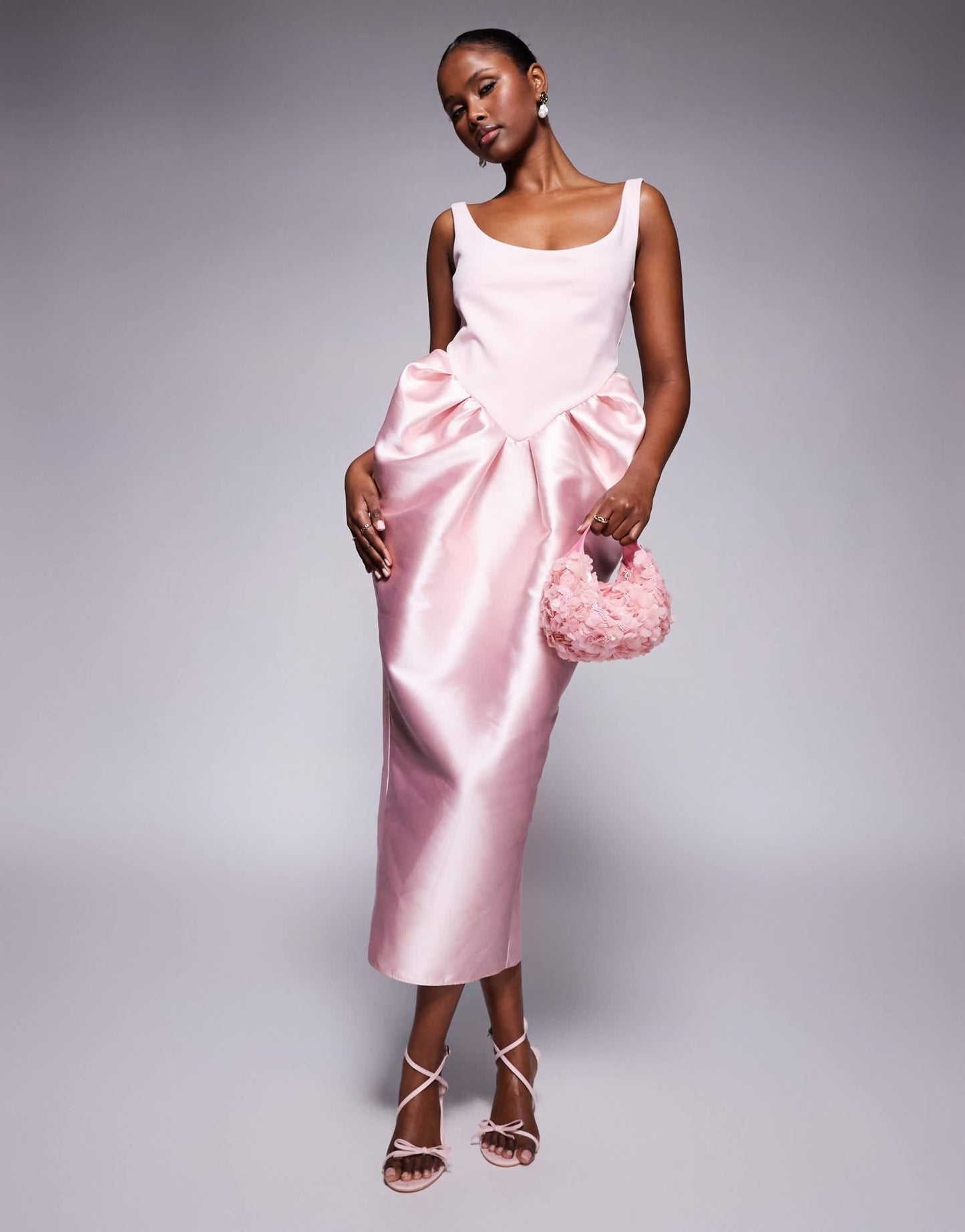 ASOS DESIGN scoop neck midi dress with manipulated puff skirt in pale pink in scuba - style fabric - ASOS Sample Sale EU Store