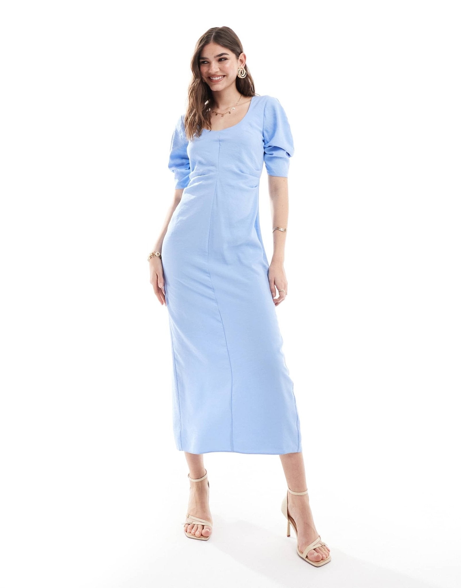 ASOS DESIGN scoop neck pleated waist midi dress in light blue - ASOS Sample Sale EU Store