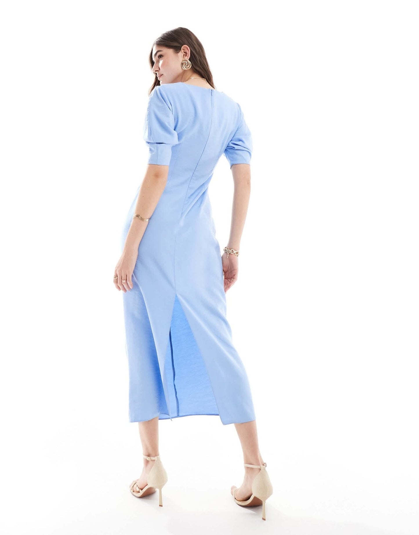 ASOS DESIGN scoop neck pleated waist midi dress in light blue - ASOS Sample Sale EU Store