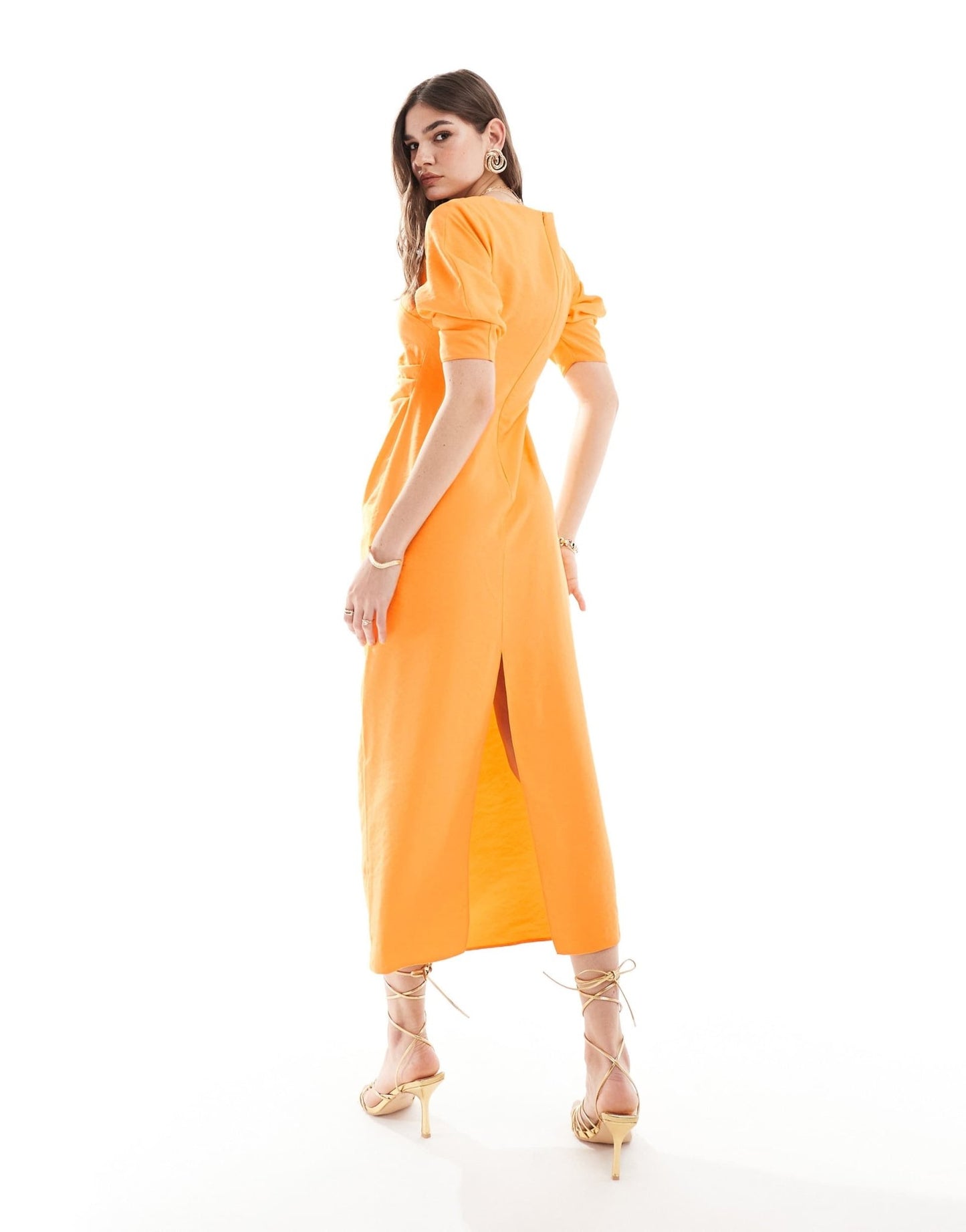 ASOS DESIGN scoop neck pleated waist midi dress in orange - ASOS Sample Sale EU Store