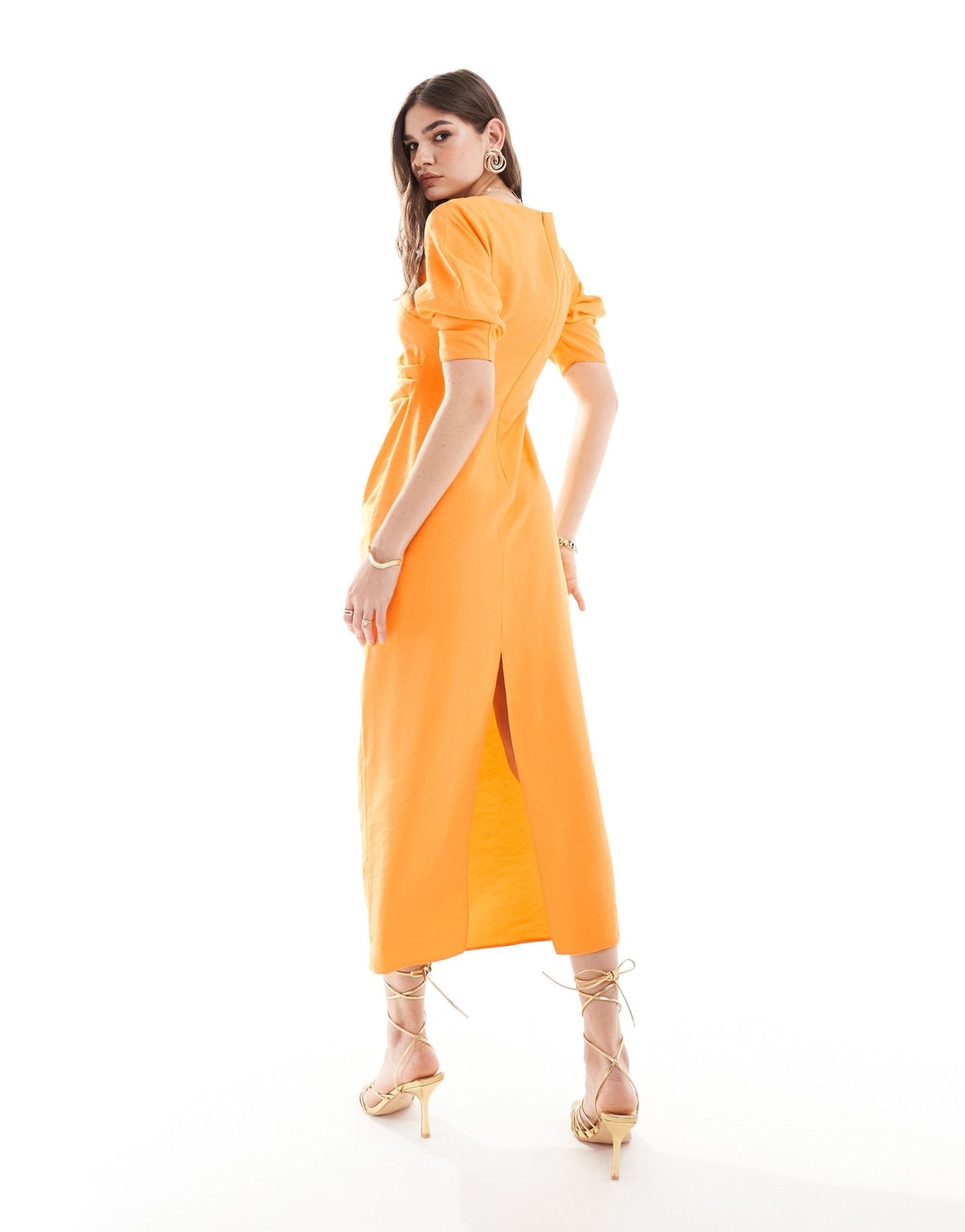 ASOS DESIGN scoop neck pleated waist midi dress in orange - ASOS Sample Sale EU Store