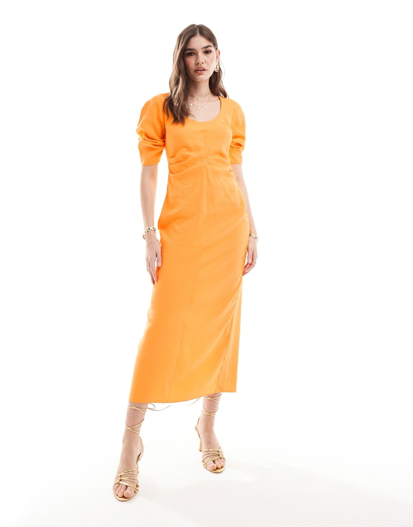 ASOS DESIGN scoop neck pleated waist midi dress in orange - ASOS Sample Sale EU Store