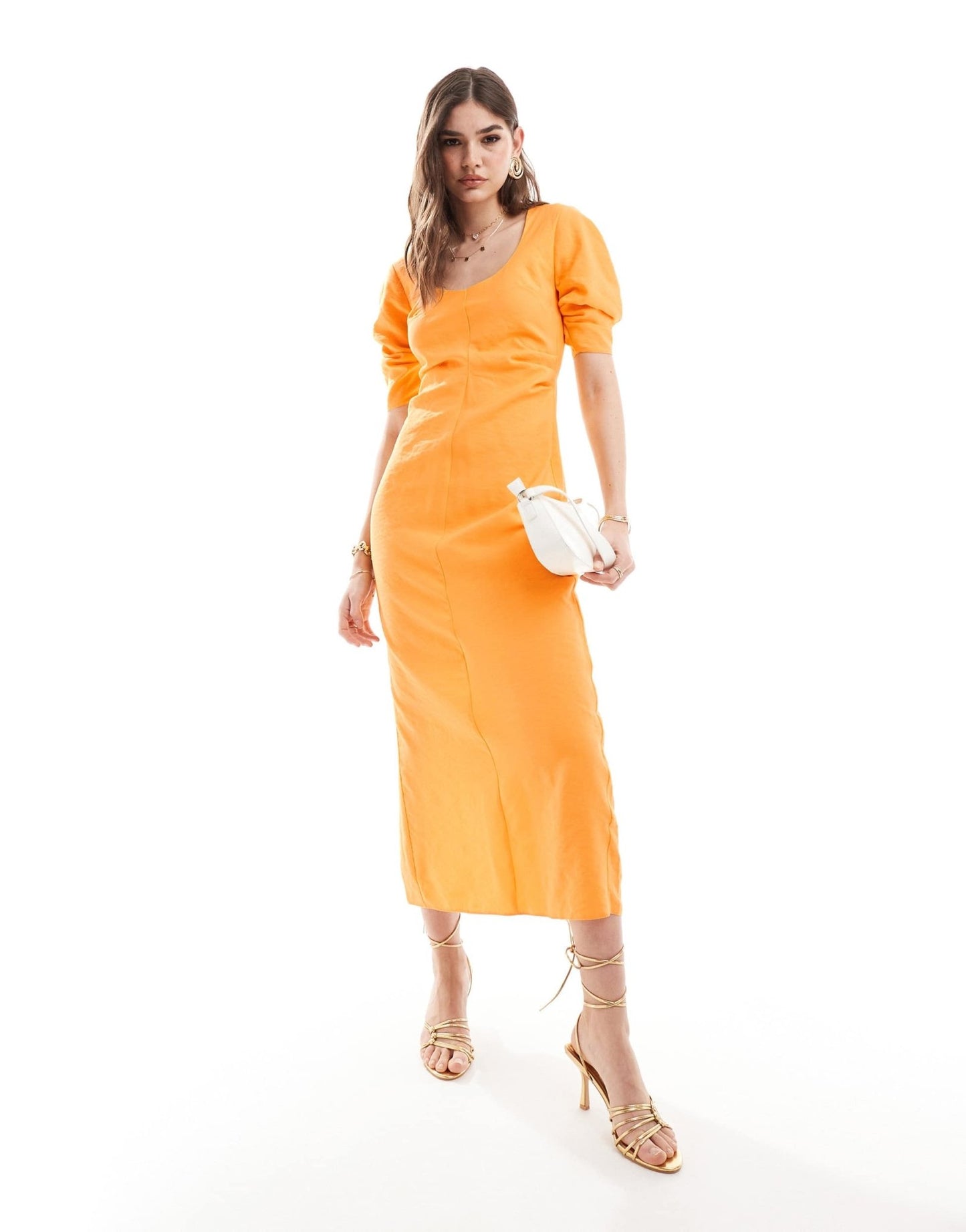 ASOS DESIGN scoop neck pleated waist midi dress in orange - ASOS Sample Sale EU Store