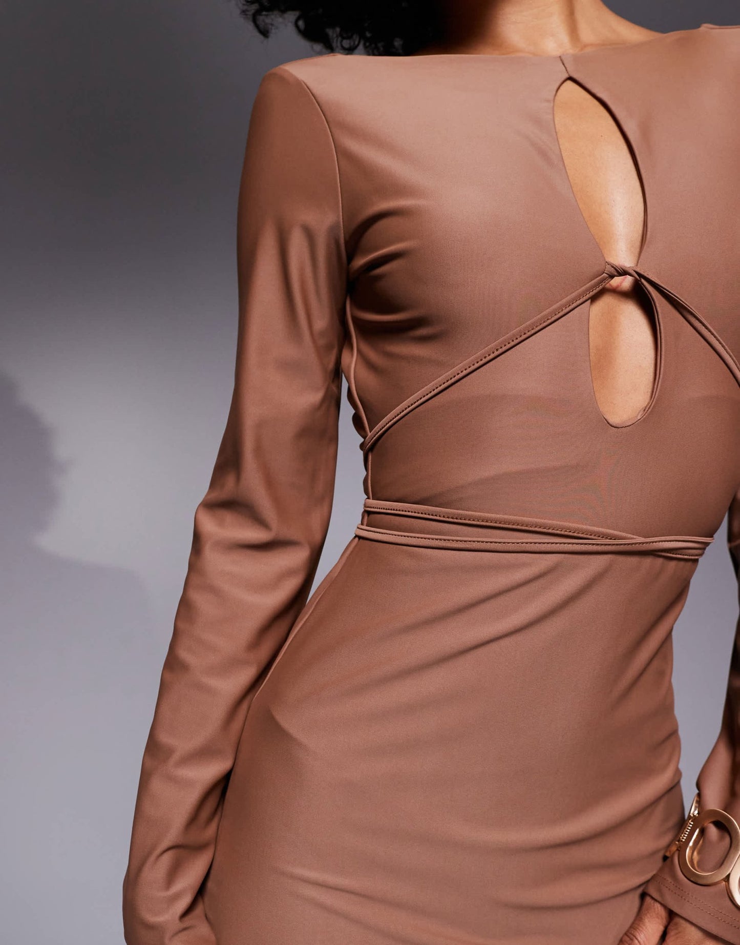 ASOS DESIGN sculpting jersey long sleeve maxi dress with cross straps in mocha - ASOS Sample Sale EU Store
