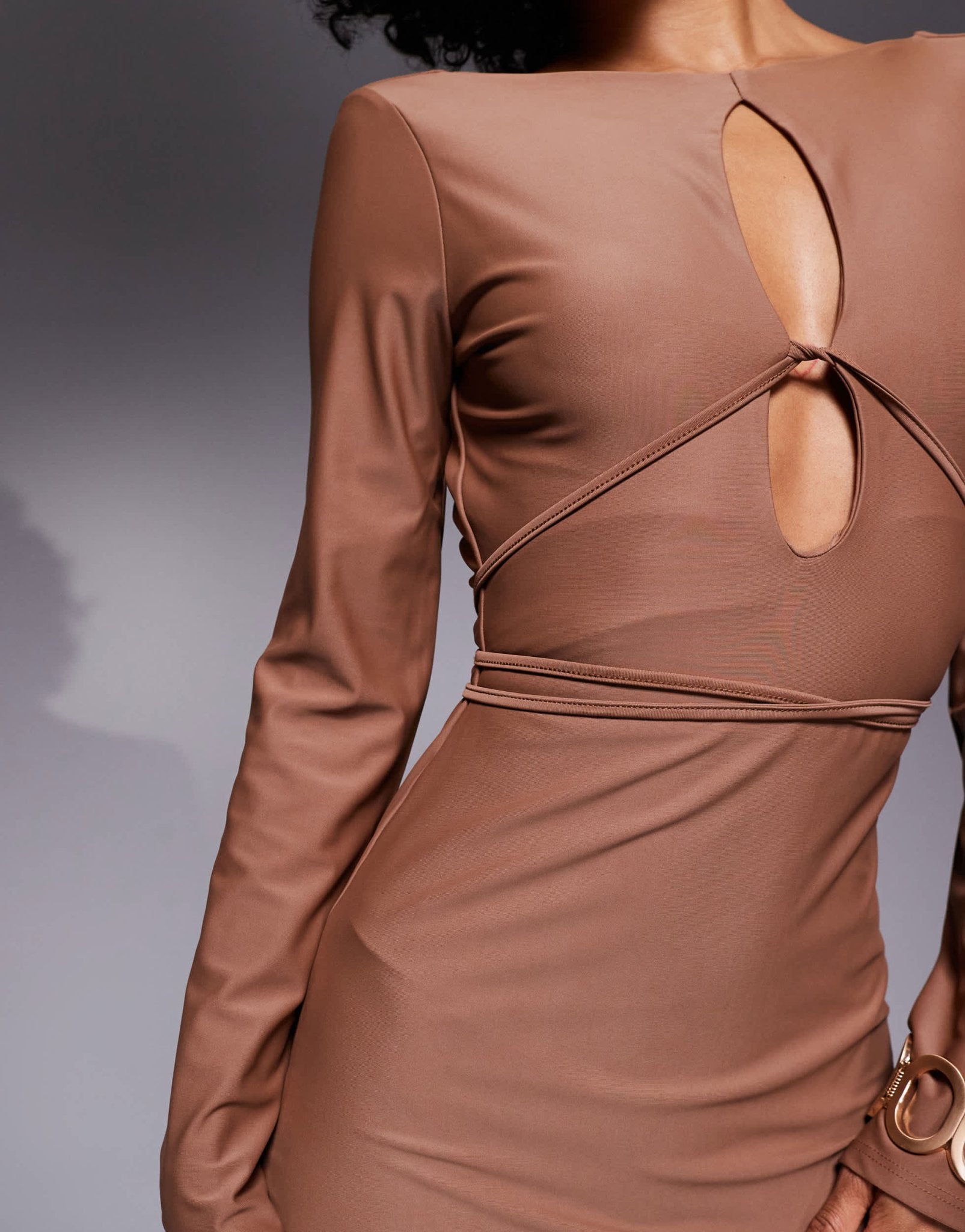 ASOS DESIGN sculpting jersey long sleeve maxi dress with cross straps in mocha - ASOS Sample Sale EU Store