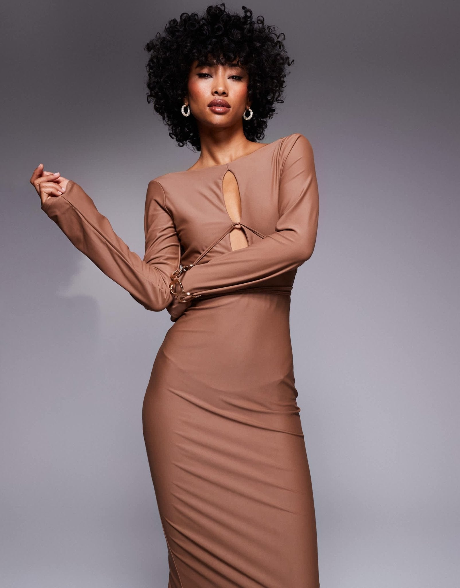 ASOS DESIGN sculpting jersey long sleeve maxi dress with cross straps in mocha - ASOS Sample Sale EU Store