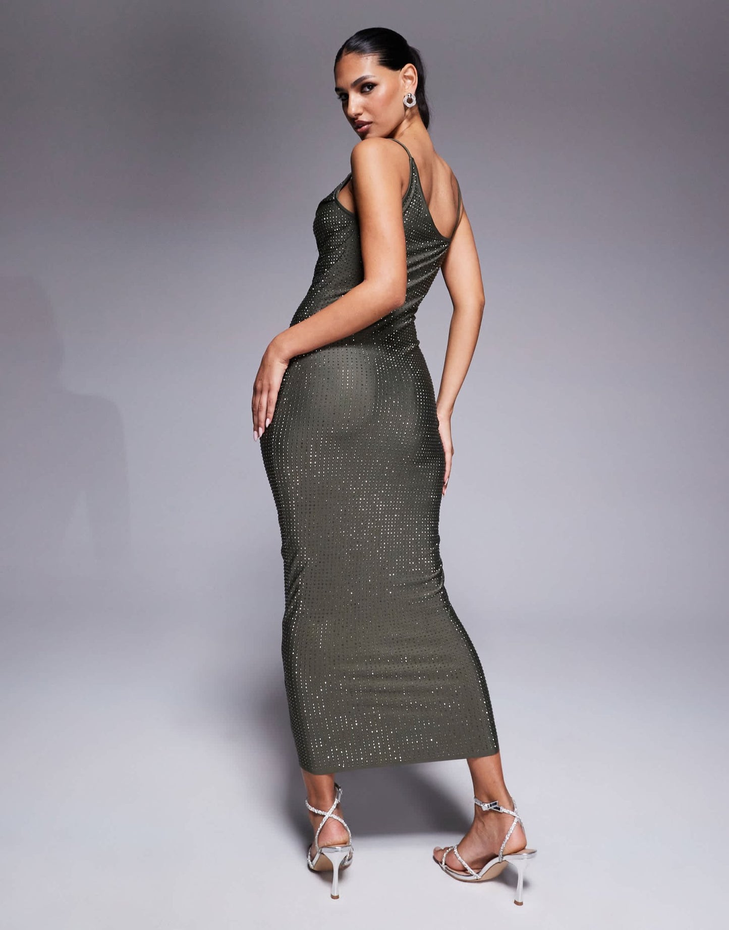 ASOS DESIGN sculpting jersey studded midi dress with fold over shoulder in grey - ASOS Sample Sale EU Store