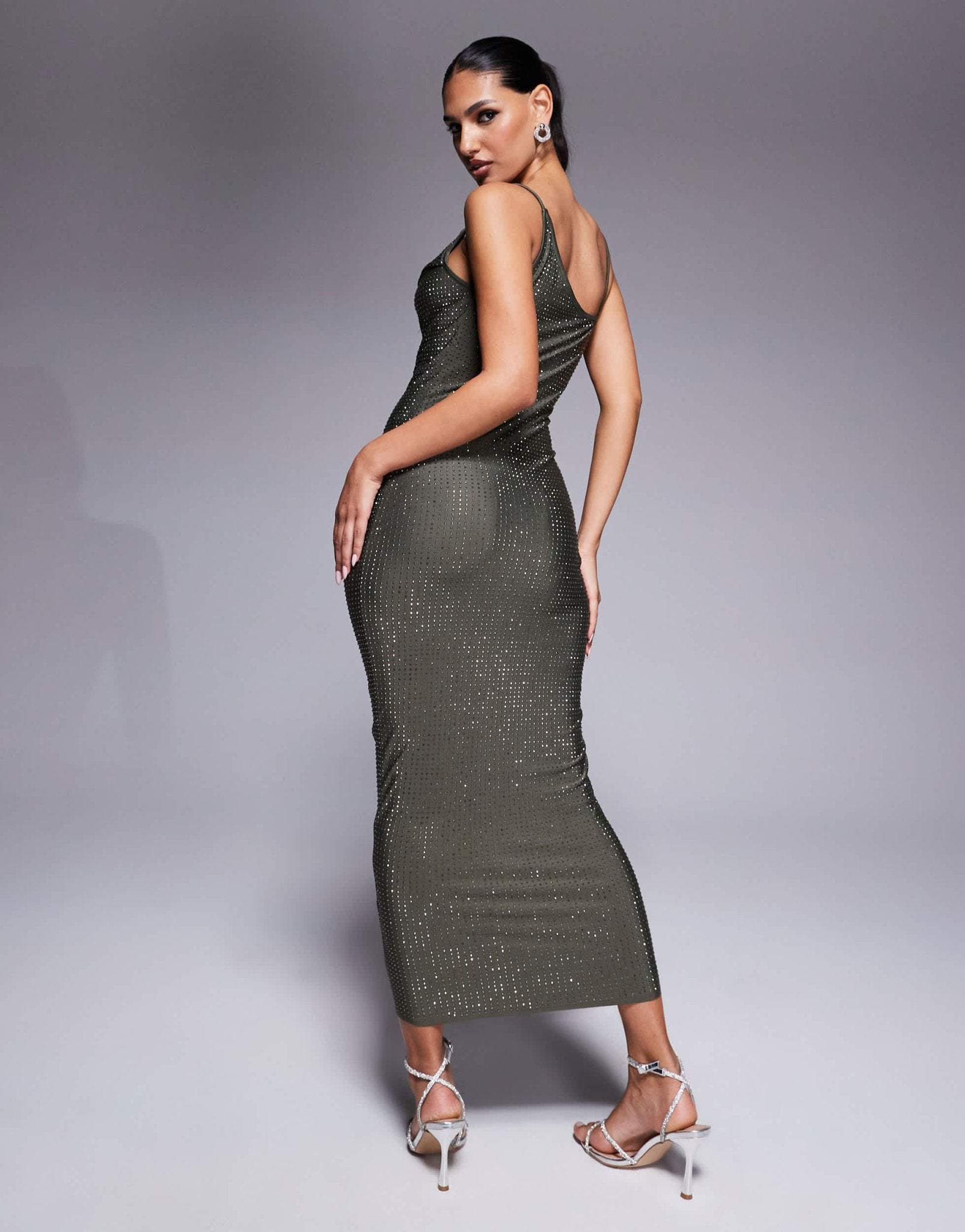 ASOS DESIGN sculpting jersey studded midi dress with fold over shoulder in grey - ASOS Sample Sale EU Store