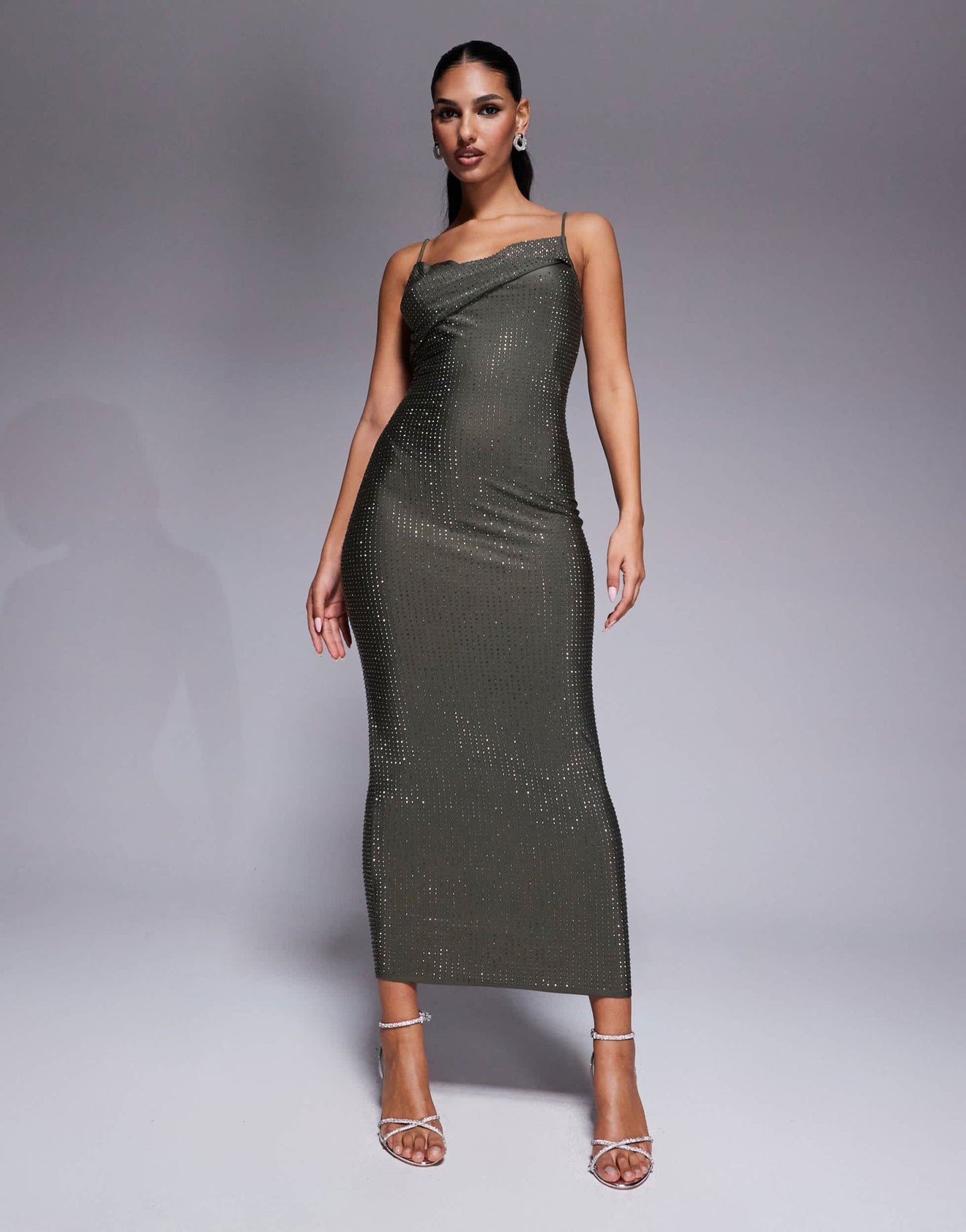 ASOS DESIGN sculpting jersey studded midi dress with fold over shoulde – ASOS Sample Sale EU Store