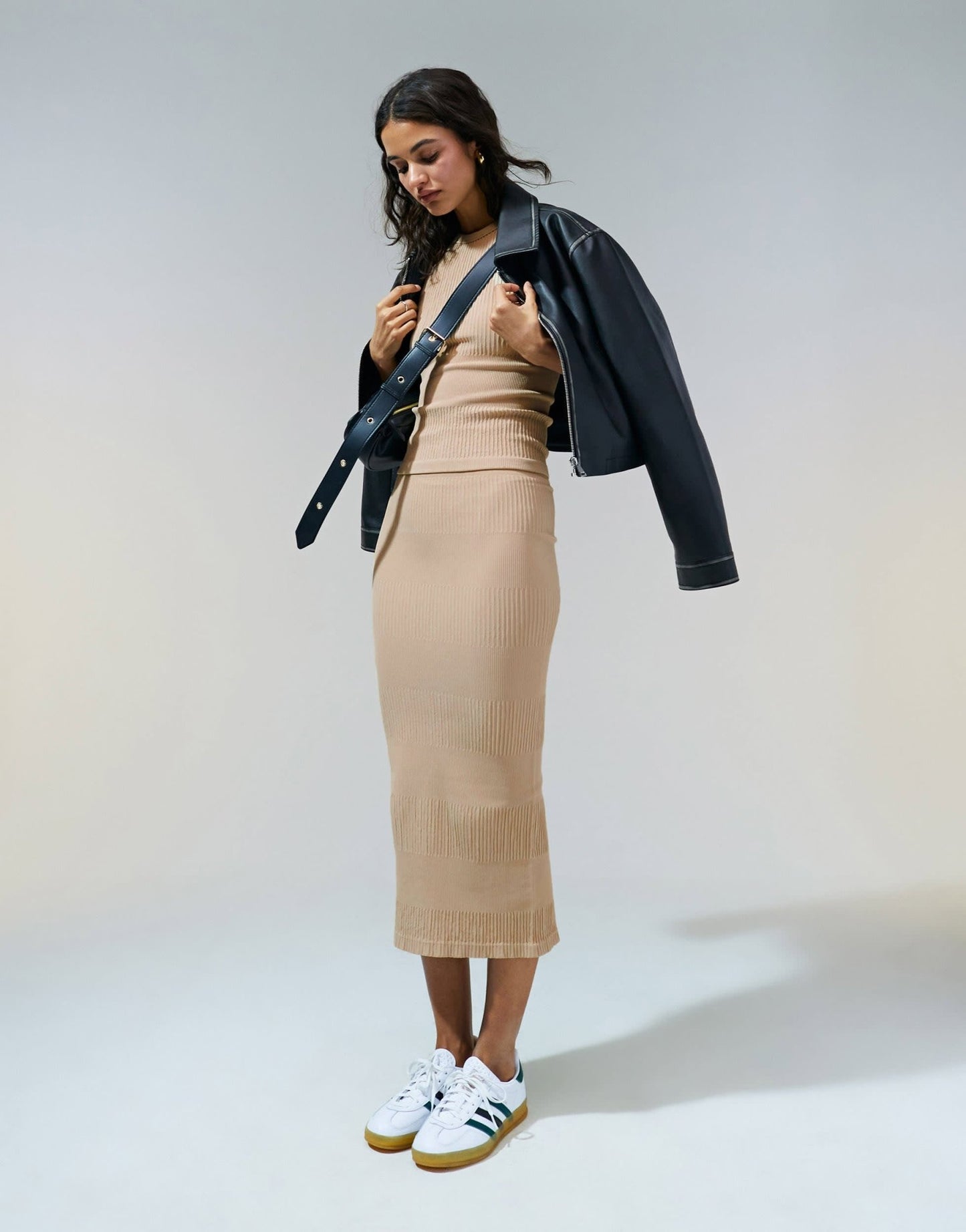 ASOS DESIGN seamless sculpting mixed rib midi skirt co - ord in pebble - ASOS Sample Sale EU Store