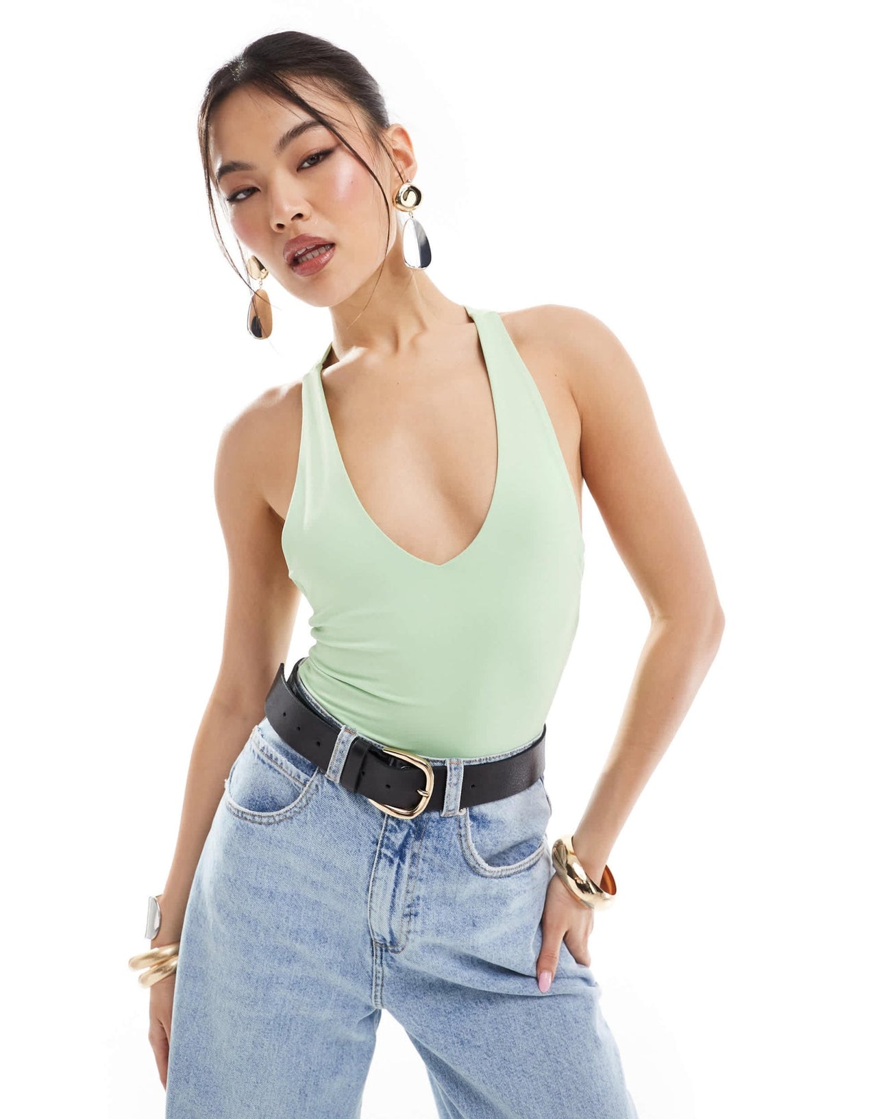 ASOS DESIGN second skin twist back v neck bodysuit in apple green - ASOS Sample Sale EU Store
