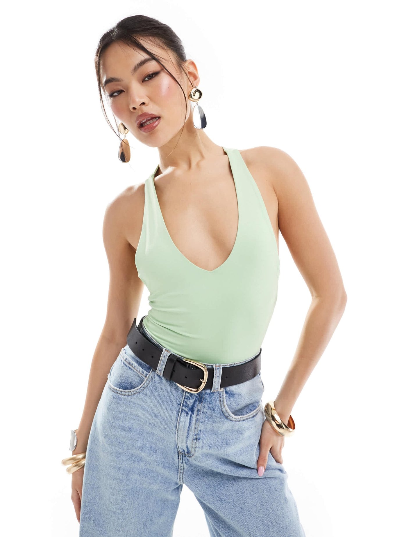 ASOS DESIGN second skin twist back v neck bodysuit in apple green - ASOS Sample Sale EU Store