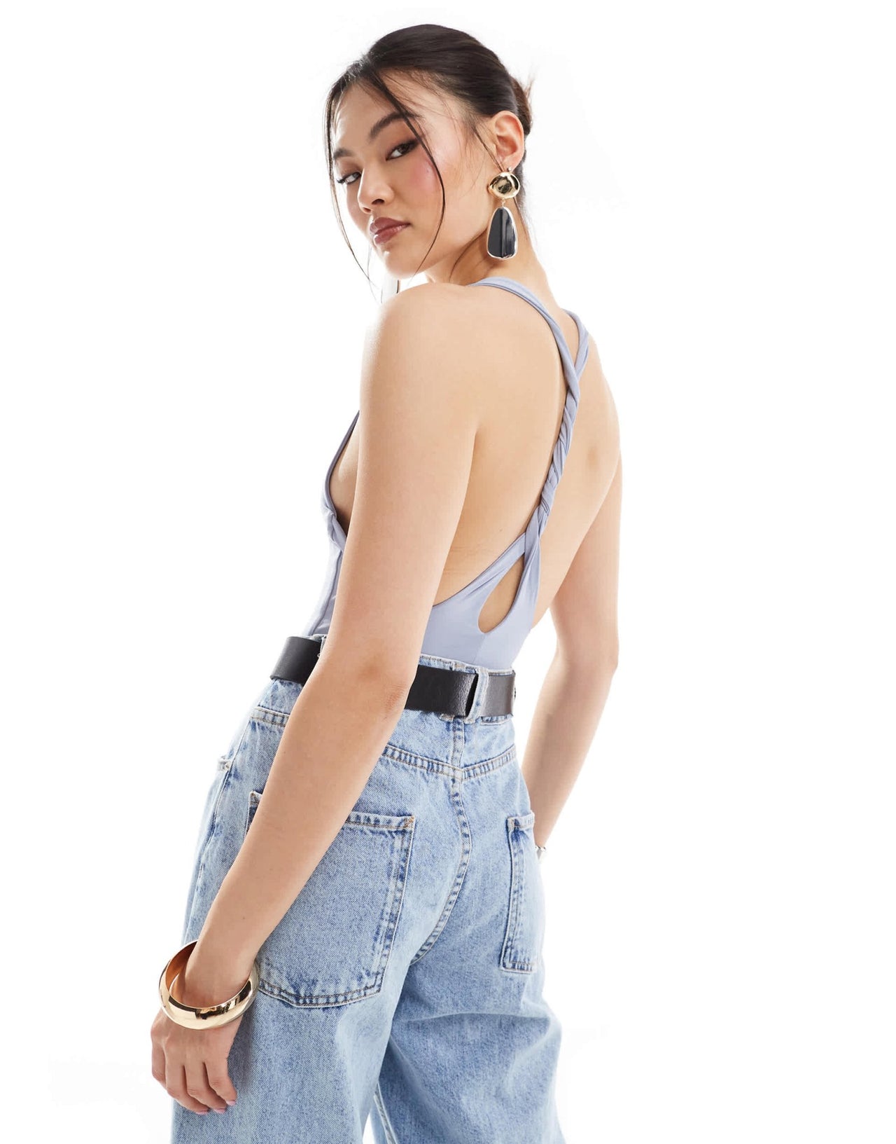 ASOS DESIGN second skin twist back v neck bodysuit in dusky blue - ASOS Sample Sale EU Store