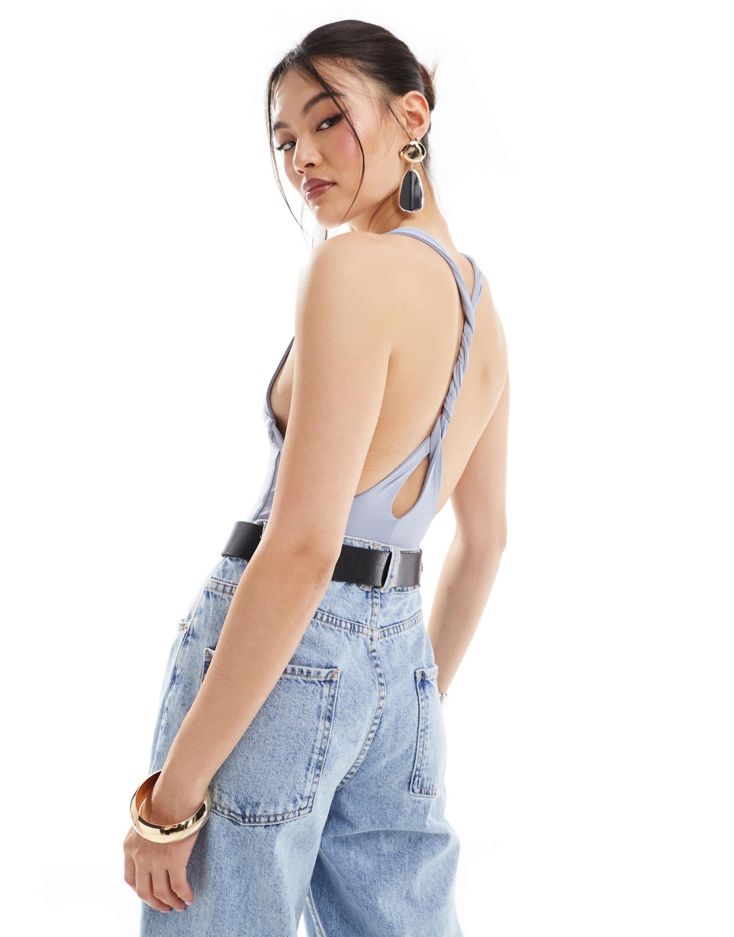 ASOS DESIGN second skin twist back v neck bodysuit in dusky blue - ASOS Sample Sale EU Store
