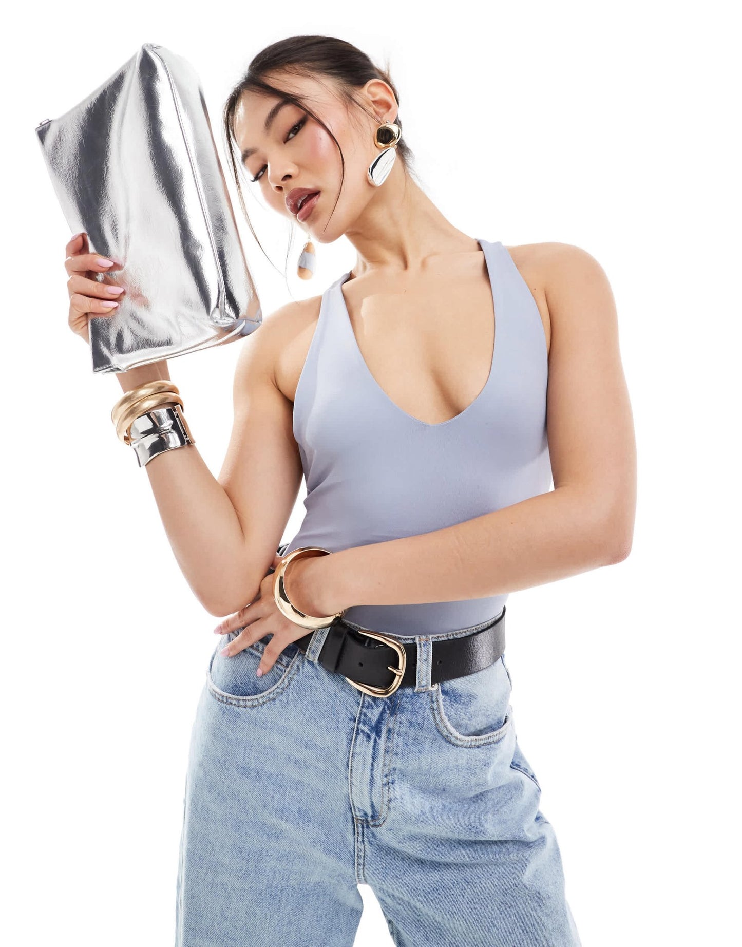 ASOS DESIGN second skin twist back v neck bodysuit in dusky blue - ASOS Sample Sale EU Store