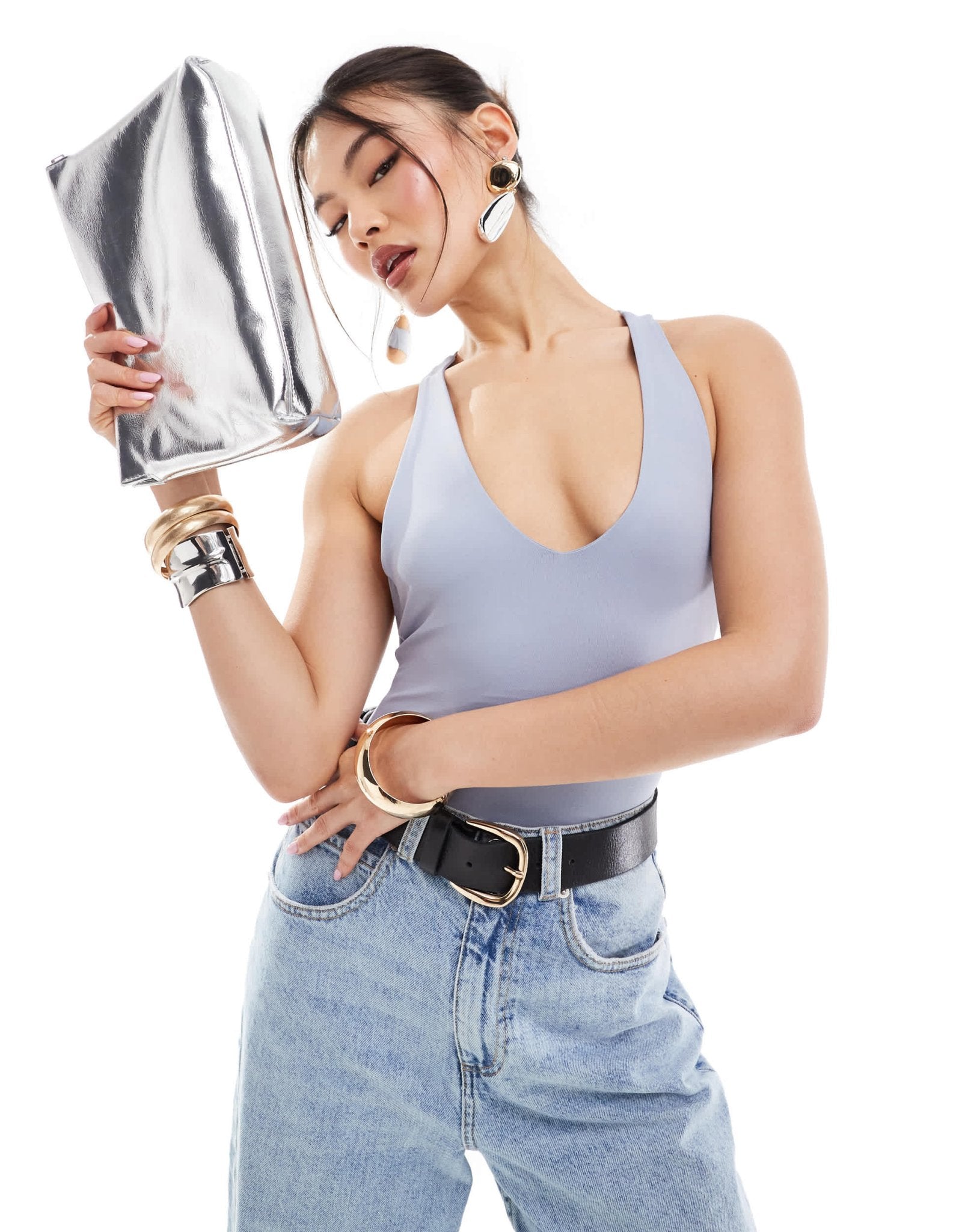 ASOS DESIGN second skin twist back v neck bodysuit in dusky blue - ASOS Sample Sale EU Store
