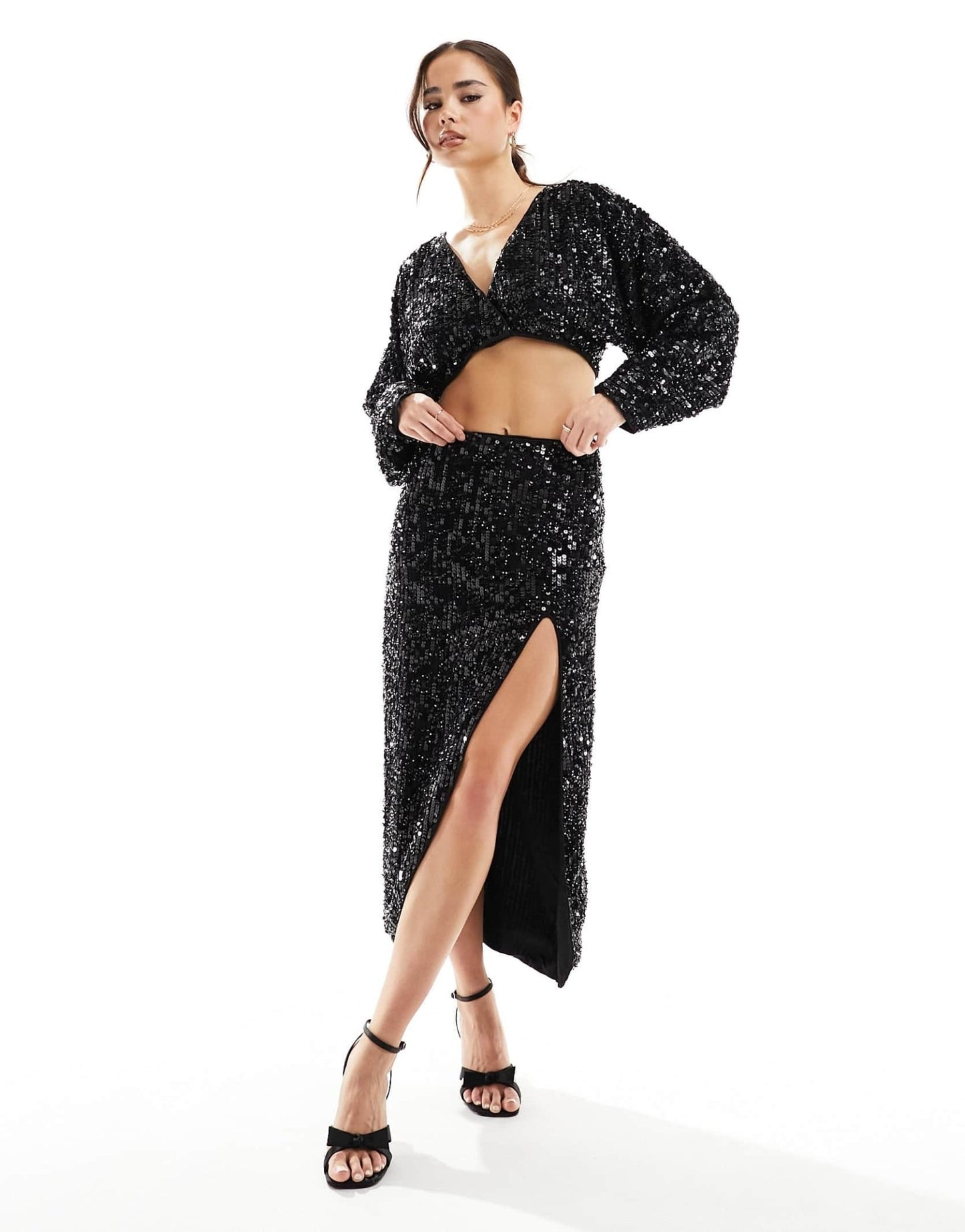 ASOS DESIGN sequin midi skirt with split detail co - ord in black - ASOS Sample Sale EU Store