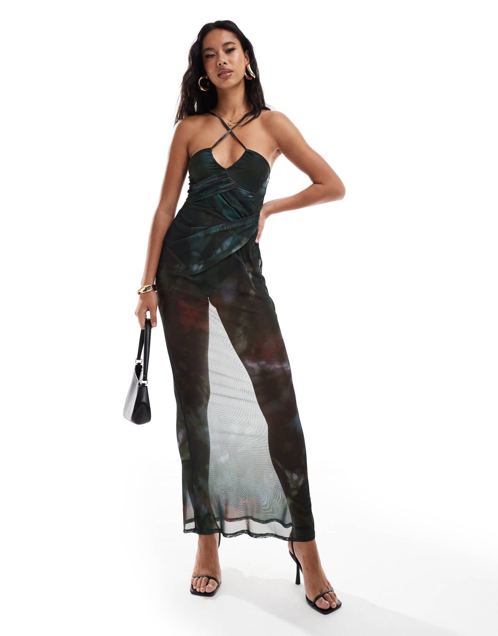 ASOS DESIGN sheer asymmetric strappy neckline layered ruched maxi dress with body in abstract print - ASOS Sample Sale EU Store