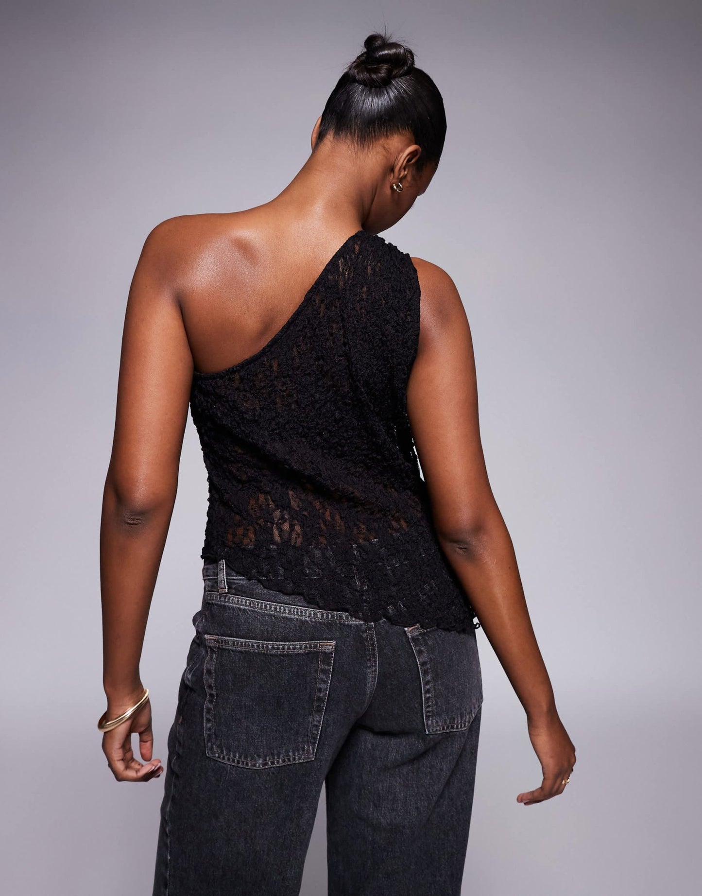 ASOS DESIGN sheer lace one shoulder asymmetric top in black - ASOS Sample Sale EU Store