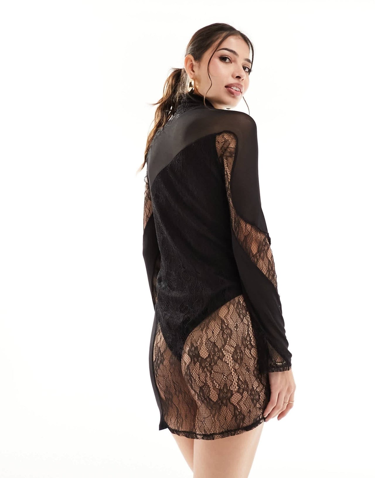 ASOS DESIGN sheer mesh mini dress with lace panels and bodysuit in black - ASOS Sample Sale EU Store