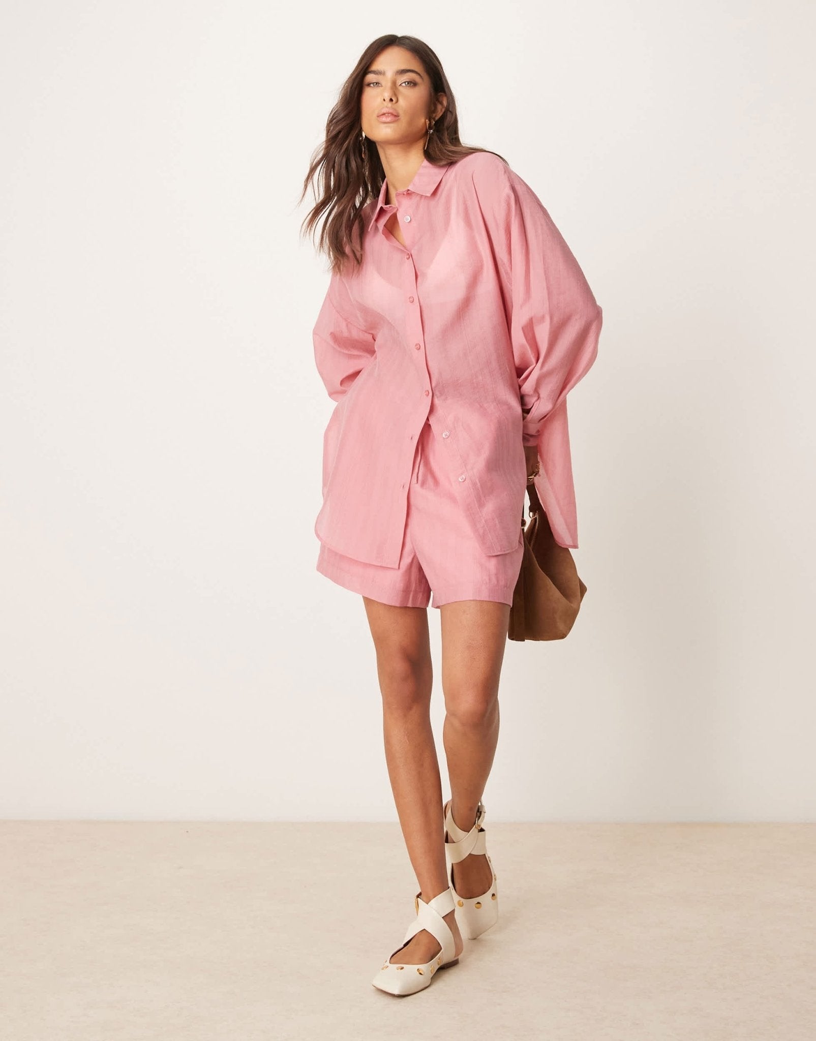 ASOS DESIGN sheer organza shirt with back tie detail co - ord in light pink - ASOS Sample Sale EU Store