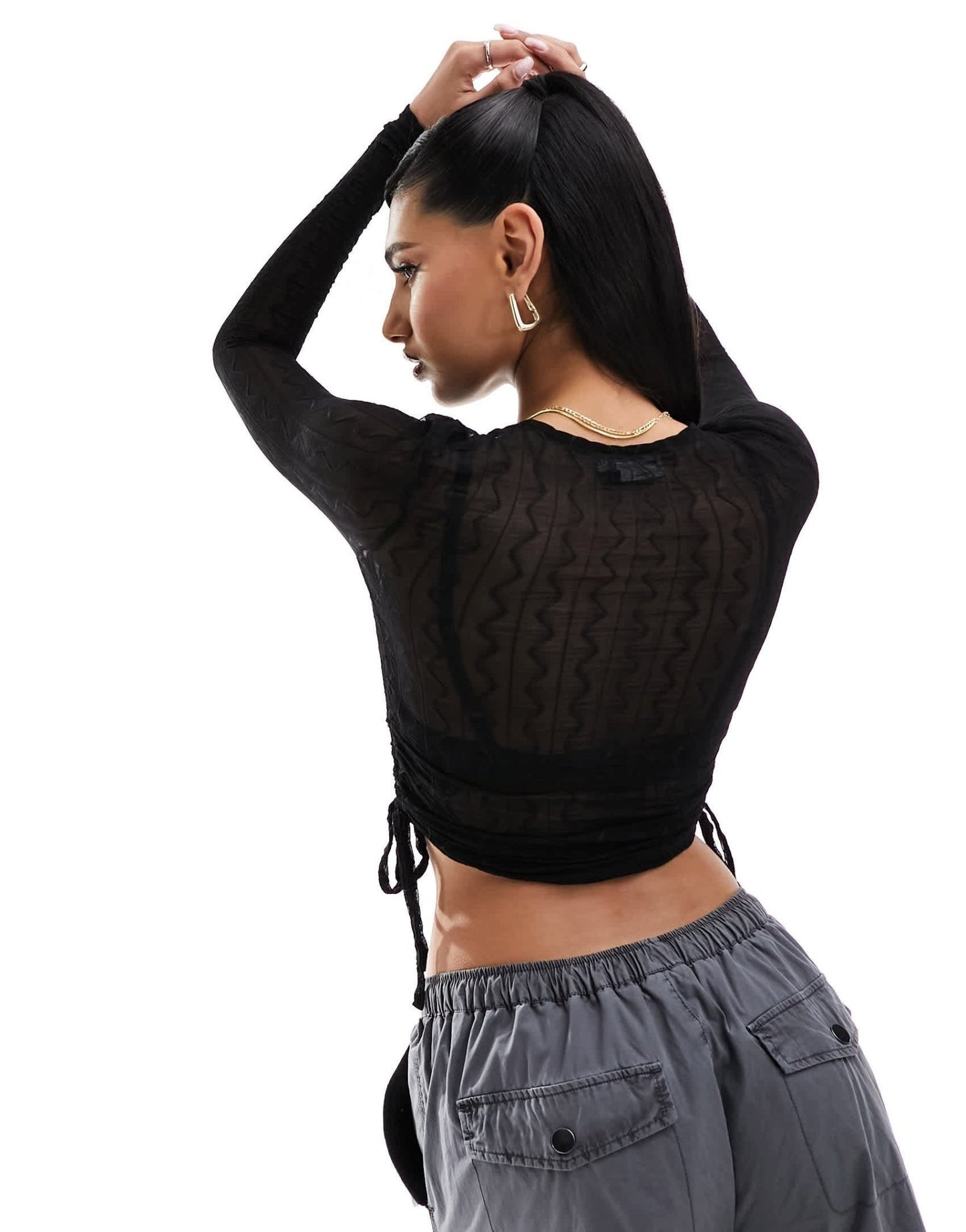 ASOS DESIGN sheer textured long sleeve ruched side top in black - ASOS Sample Sale EU Store
