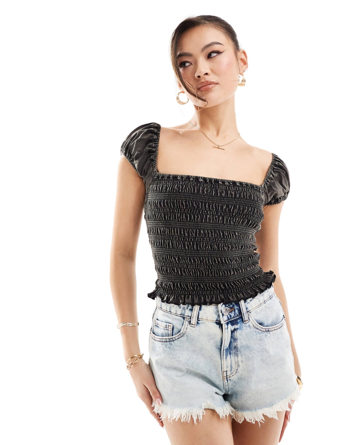 ASOS DESIGN shirred 90s cap sleeve top in grey acid wash in grey - ASOS Sample Sale EU Store