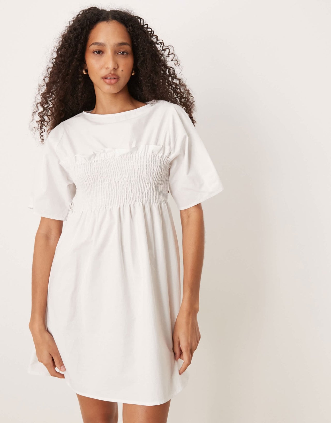 ASOS DESIGN shirred babydoll trapeze mini dress in white - ASOS Sample Sale EU Store